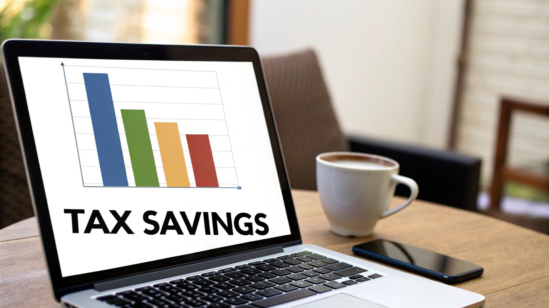 A laptop screen displays a bar chart and 'TAX SAVINGS' text, next to a coffee cup and smartphone.