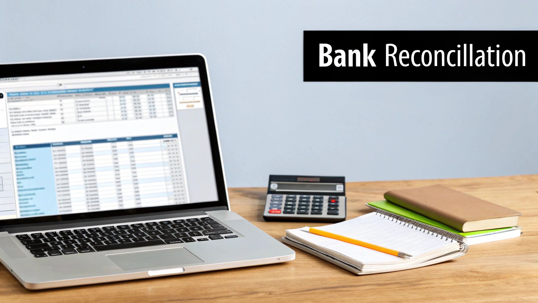 A laptop displaying bank reconciliation data, with a calculator, notebook, and books on a desk.