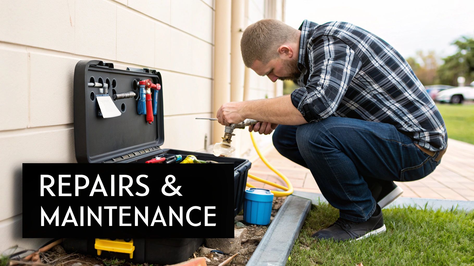 Maintenance worker fixing an outdoor faucet on a building with tools from a black toolbox.