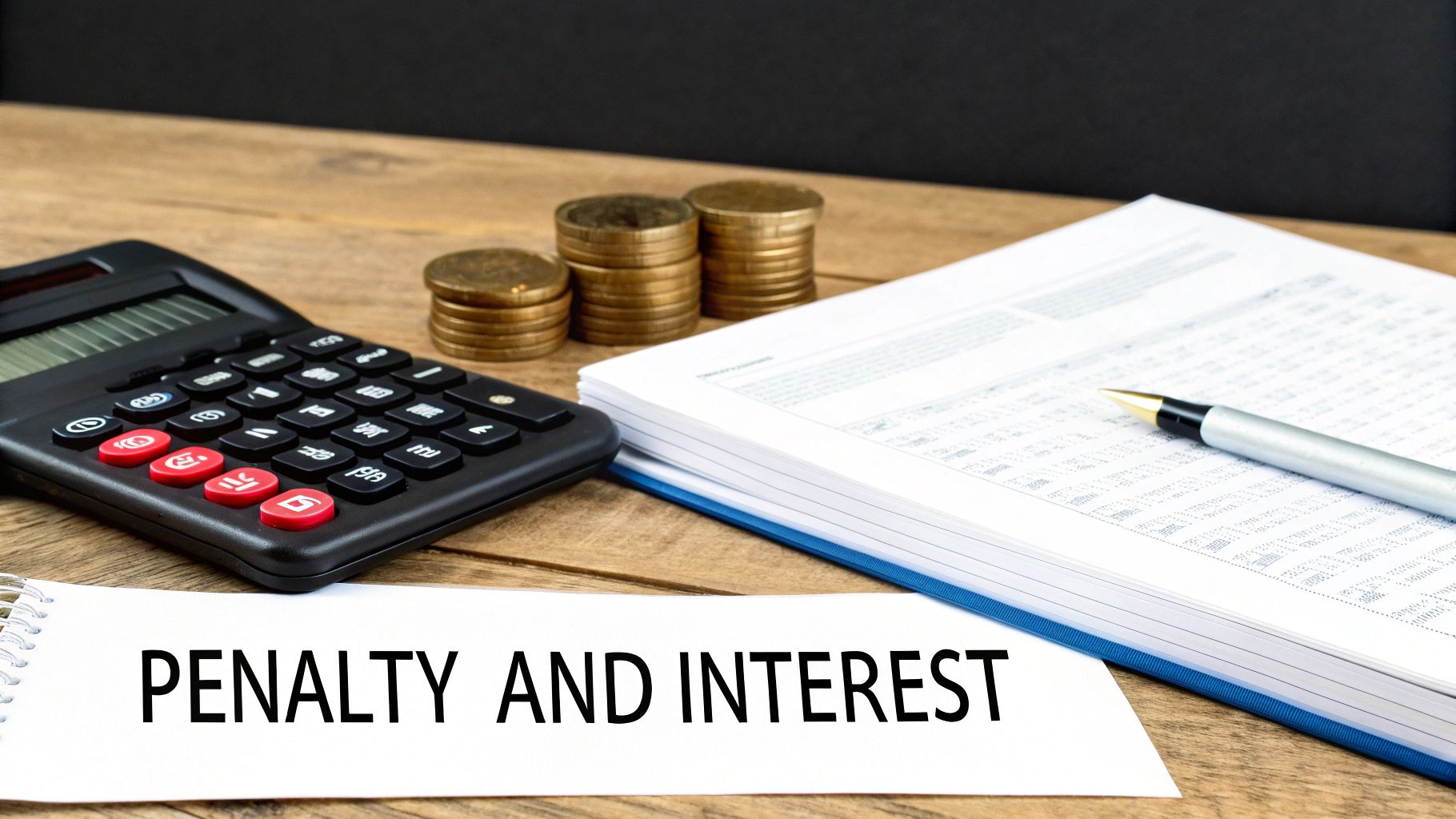 Calculator, coins, and financial documents with 'PENALTY AND INTEREST' written on a notepad.