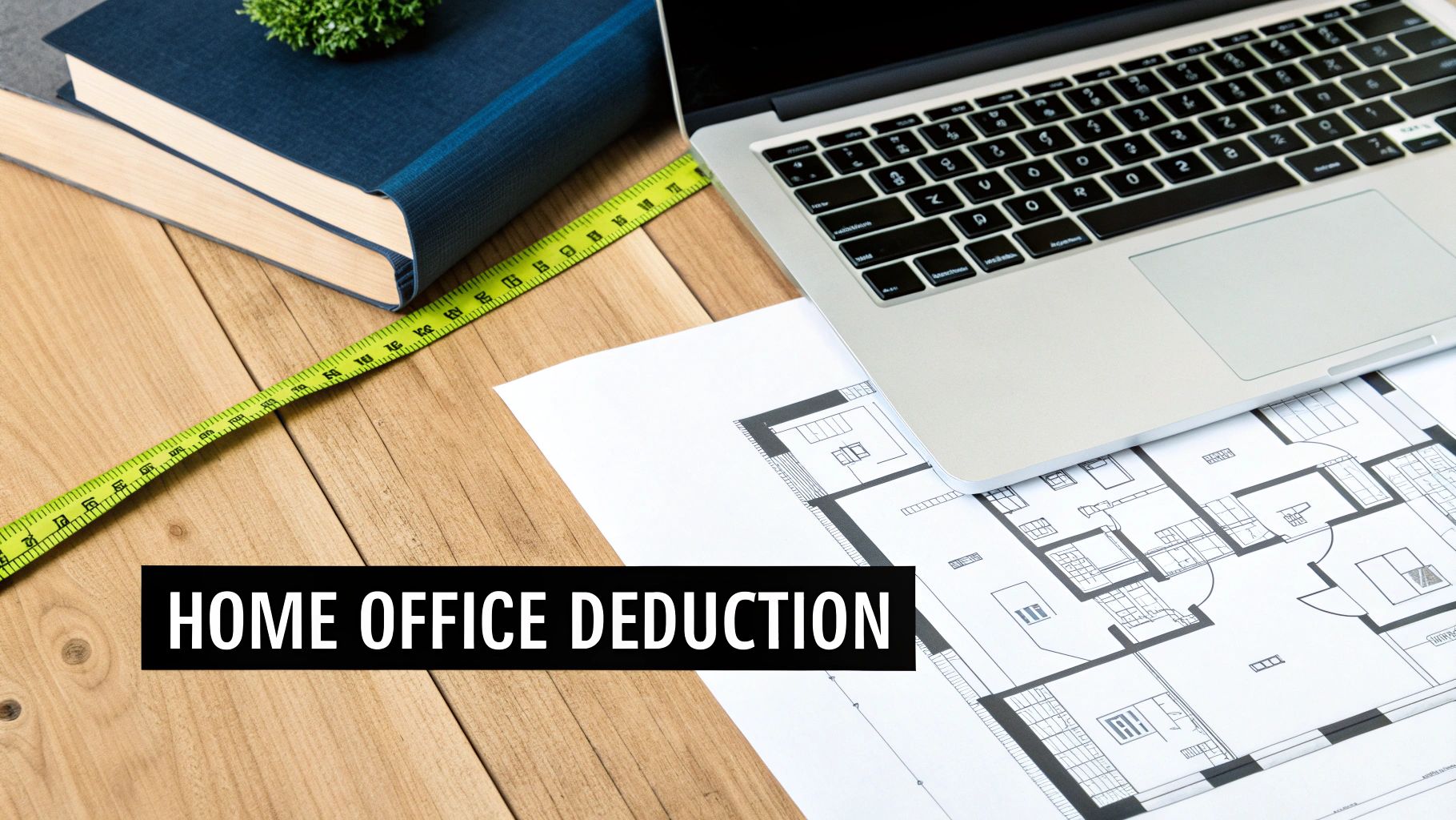 Overhead view of a desk with books, measuring tape, laptop, floor plan, and 'HOME OFFICE DEDUCTION' text.