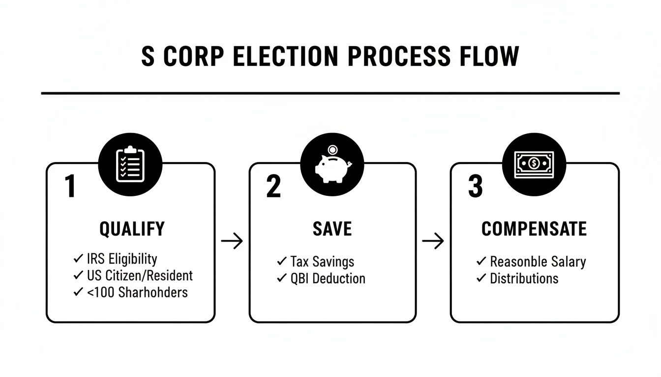 A three-step S Corp election process flow, detailing qualification, savings, and compensation.