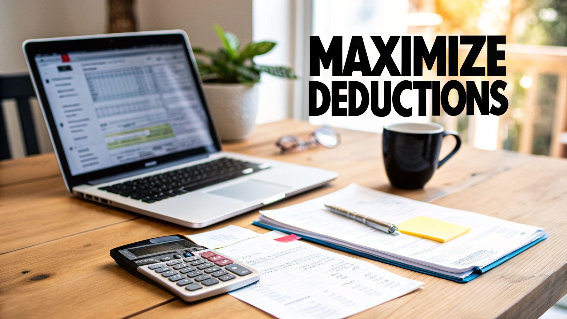 A calculator, pen, and financial documents laid out on a desk, representing tax preparation.