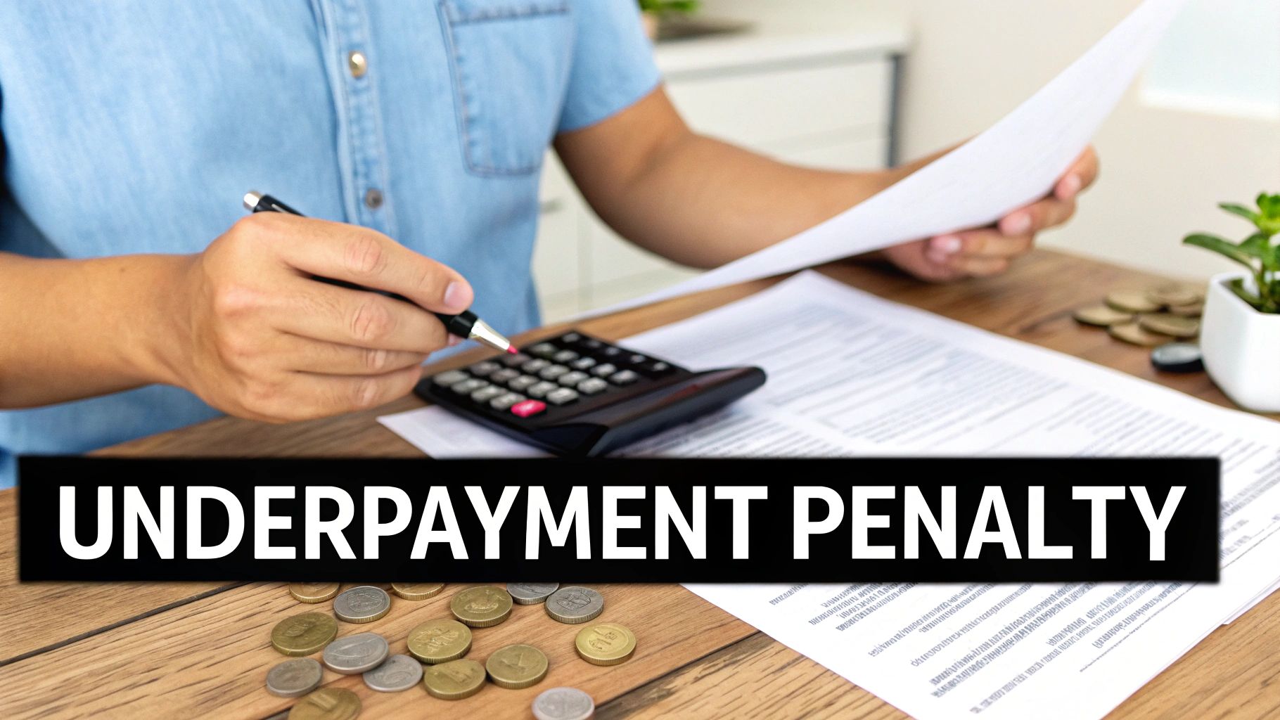 A person calculates finances with a pen and calculator, showing 'UNDERPAYMENT PENALTY' text.