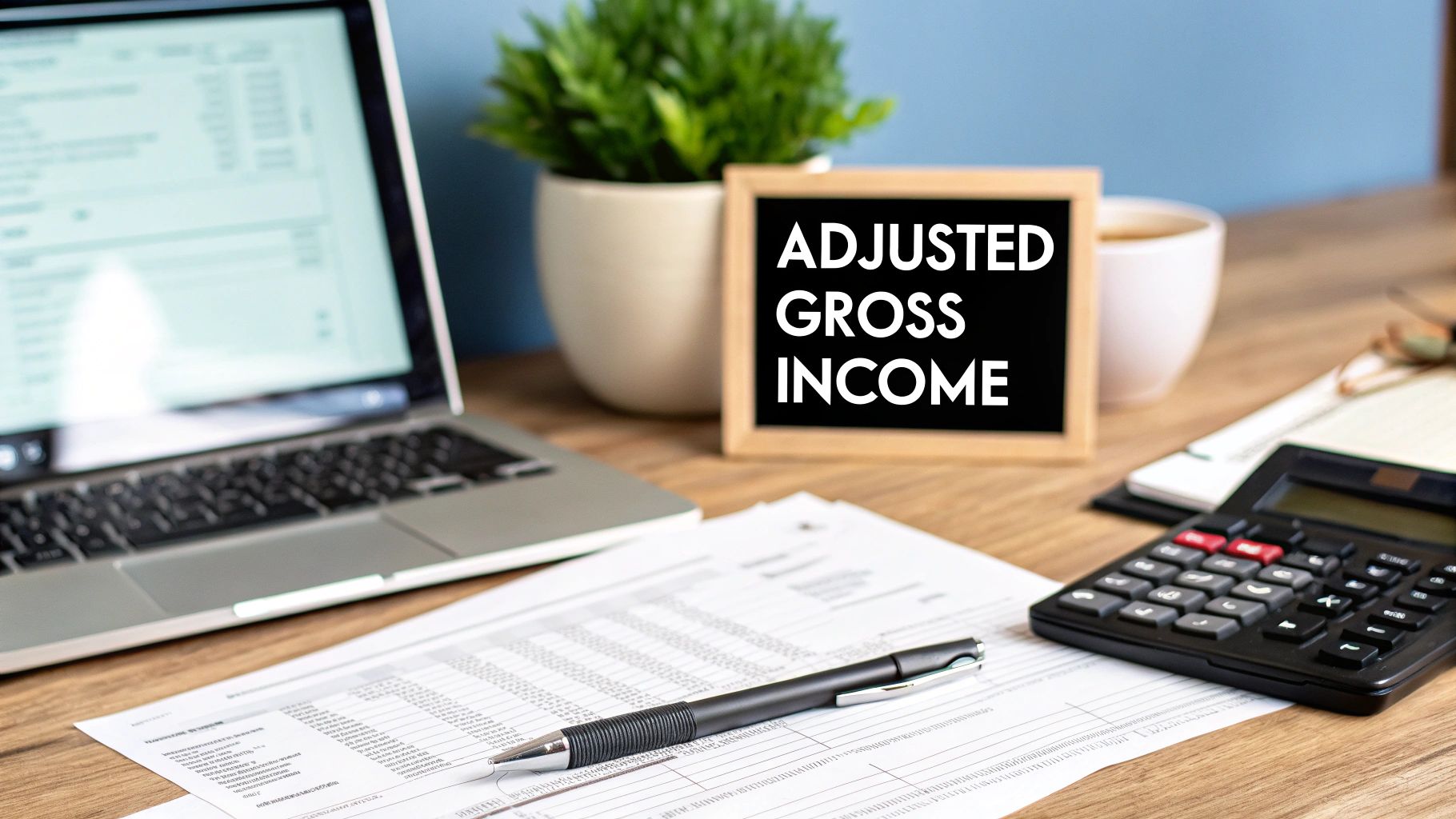 Workspace with laptop, calculator, documents, and a sign displaying 'Adjusted Gross Income'.