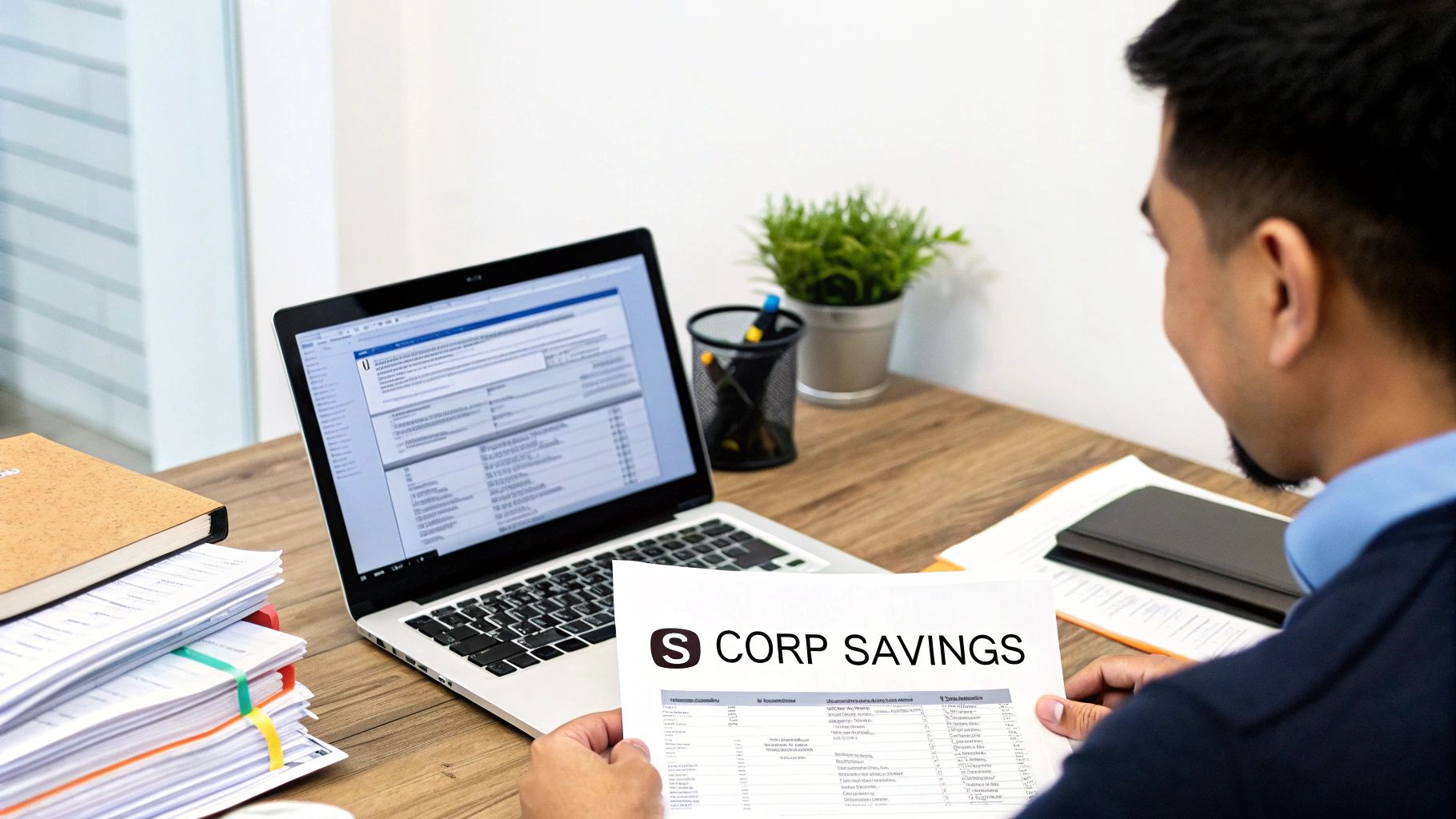 Person reviews 'S Corp Savings' document with a laptop and papers on a wooden desk.