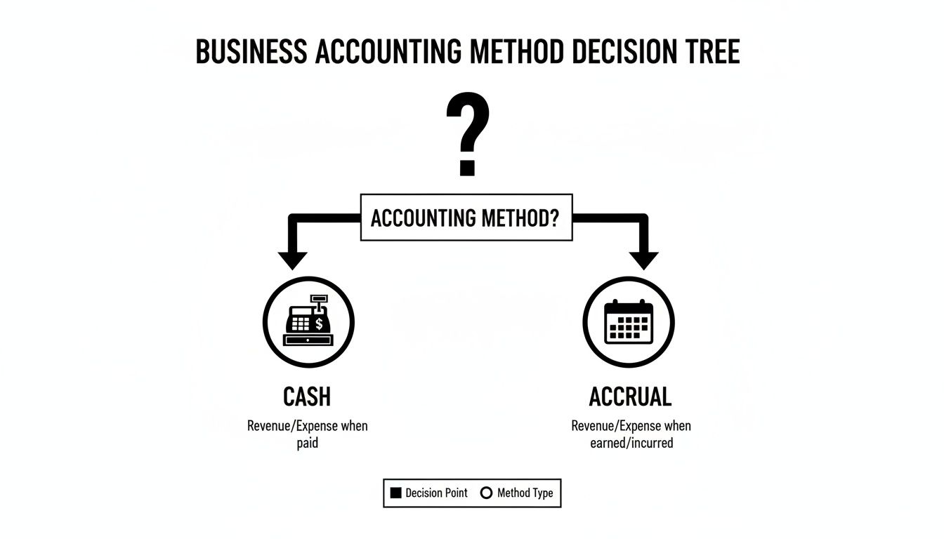 Decision tree illustrating two business accounting methods: Cash (revenue/expense when paid) and Accrual (revenue/expense when earned/incurred).