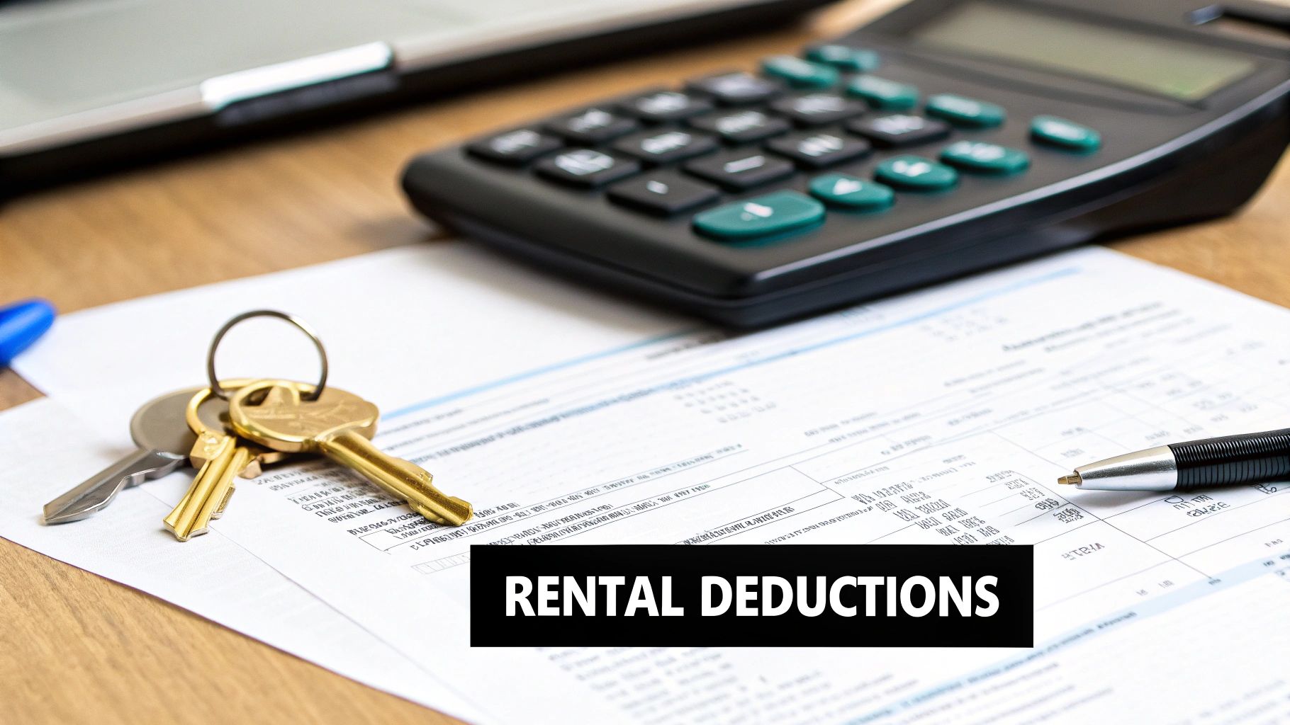A set of keys, a calculator, and a pen rest on tax documents, with text 'RENTAL DEDUCTIONS'.