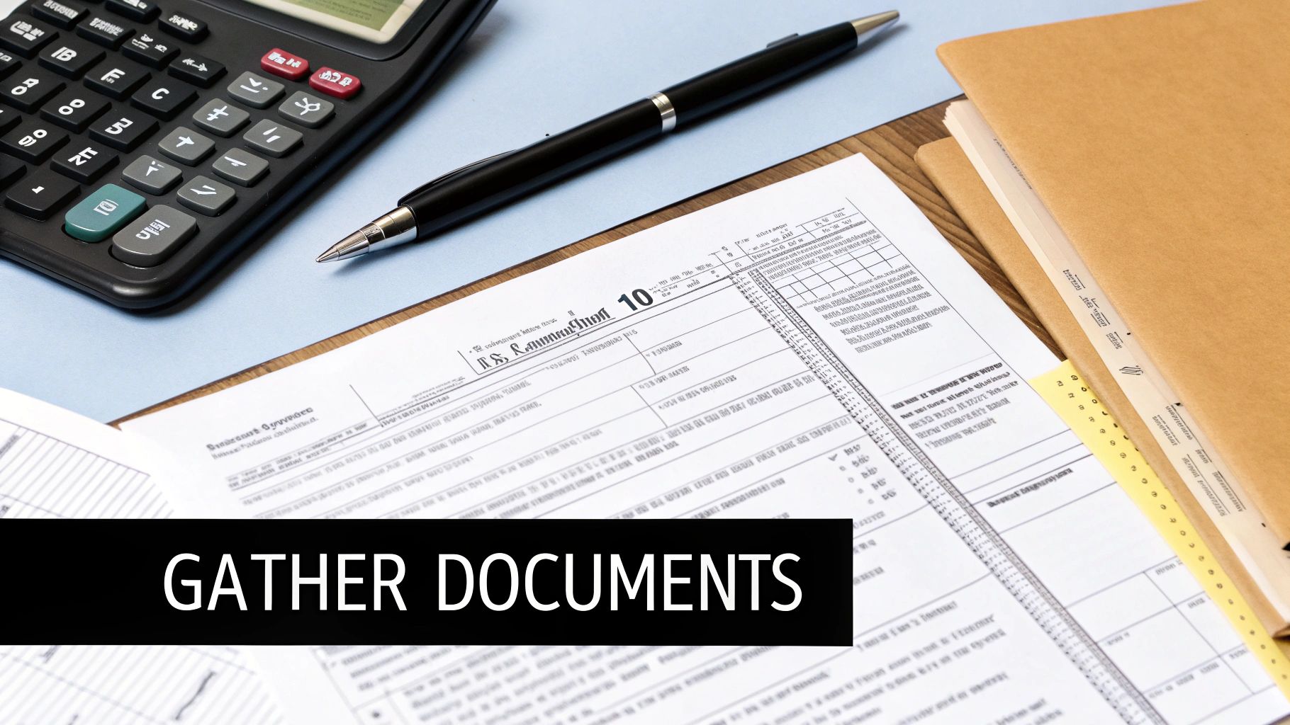 A desk setup with a calculator, pen, and tax forms, implying the process of gathering financial documents.