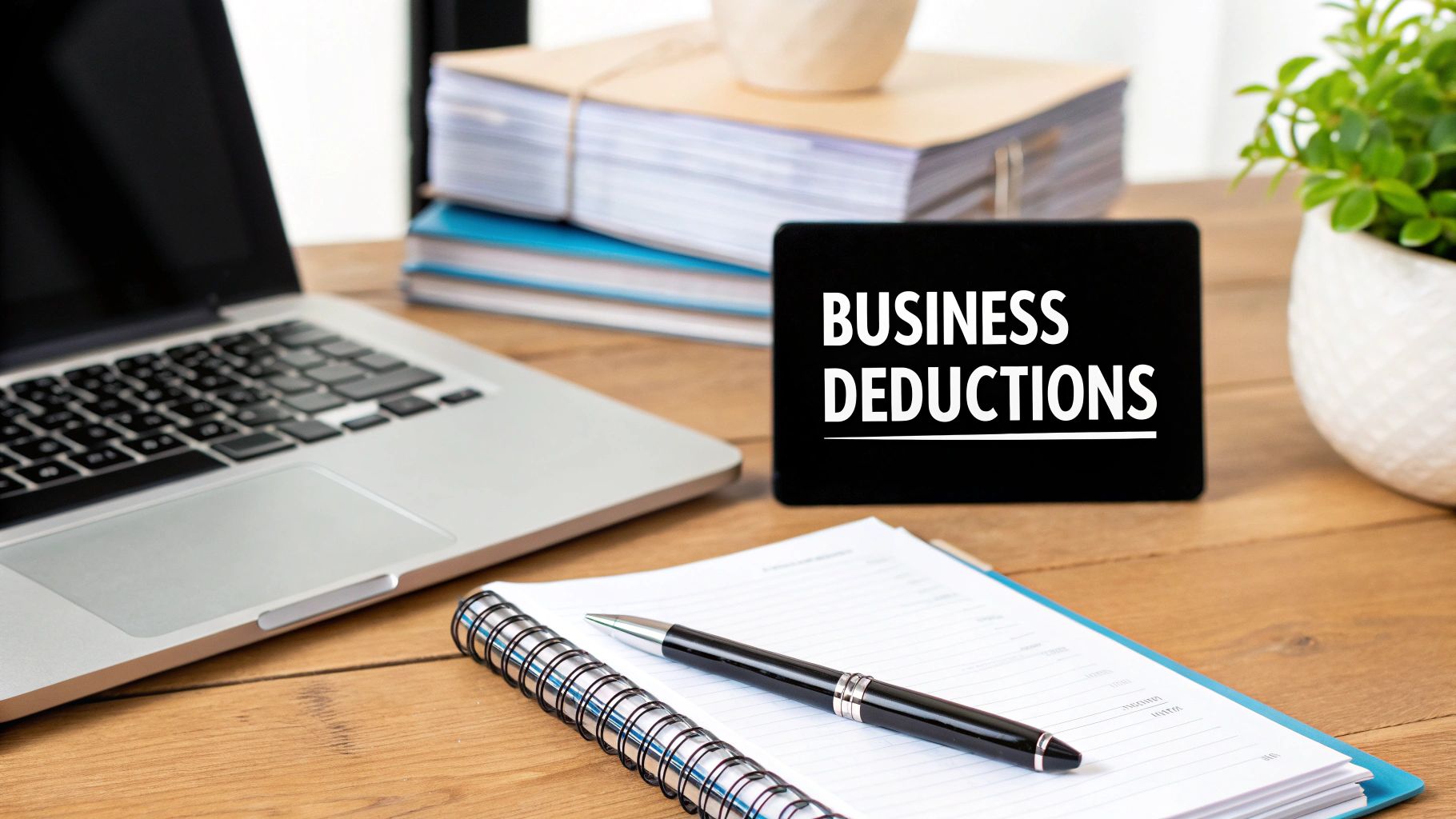 A black sign reading 'BUSINESS DEDUCTIONS' on a wooden desk with a laptop, notebook, and pen.
