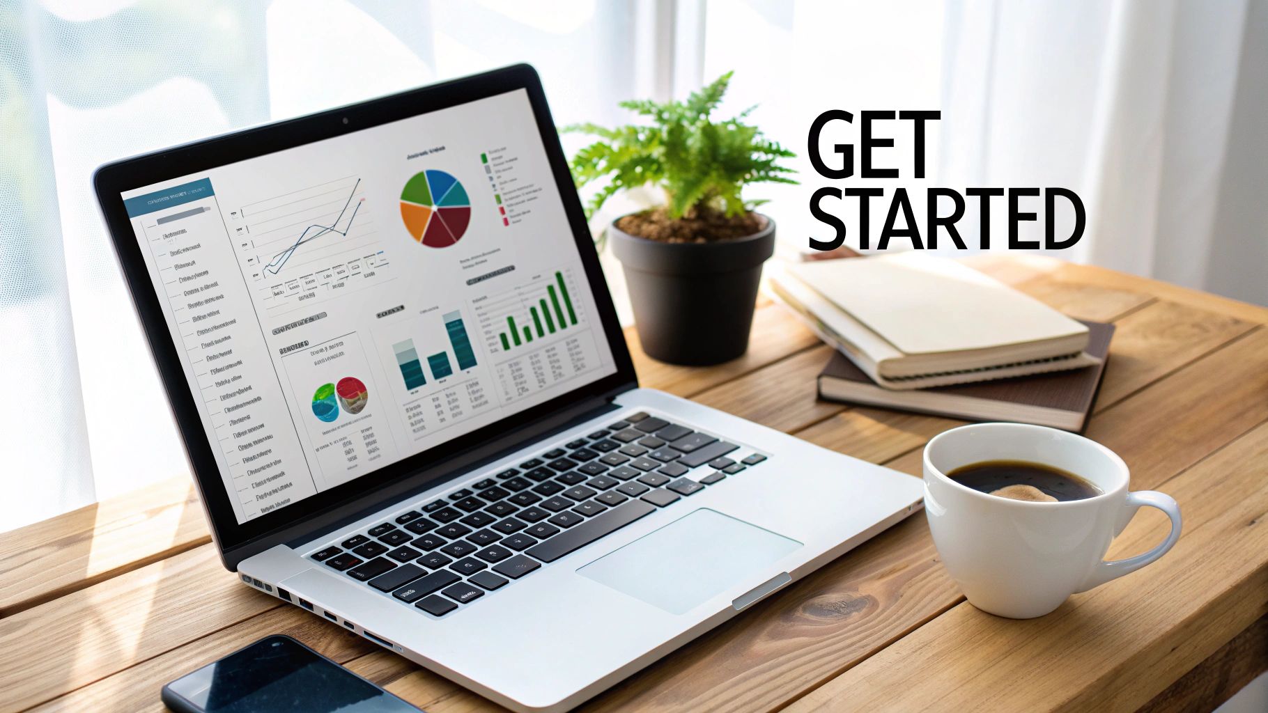 Laptop with business charts and 'GET STARTED' text, coffee cup, plant, and notebooks on a desk.