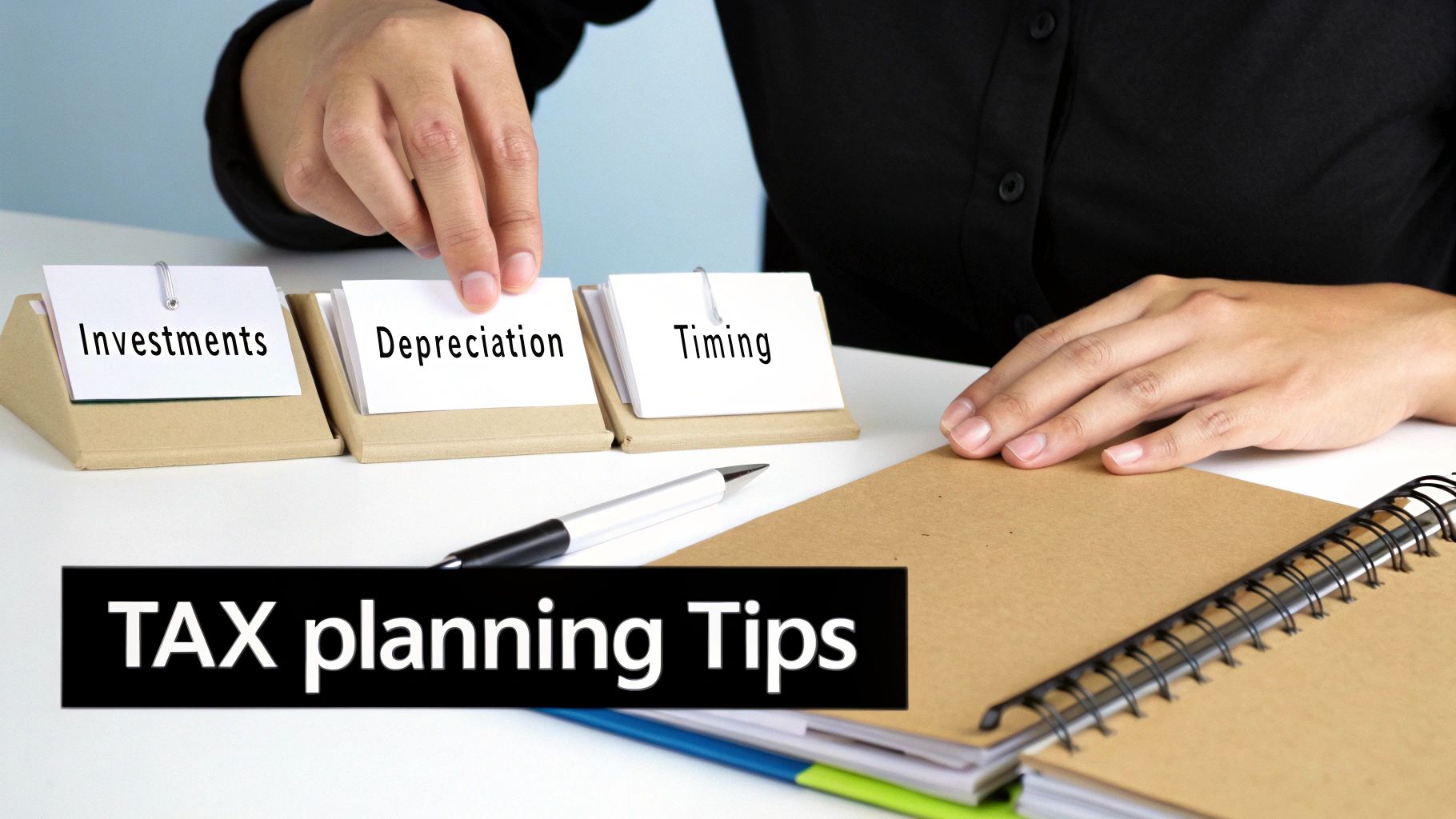A person organizes cards labeled Investments, Depreciation, and Timing, illustrating tax planning tips.