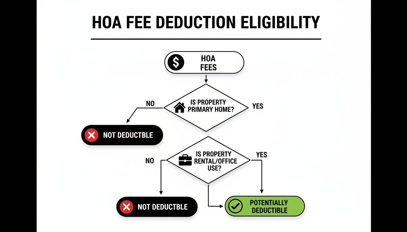 A flowchart illustrates HOA fee deduction eligibility based on property's primary, rental, or office use.