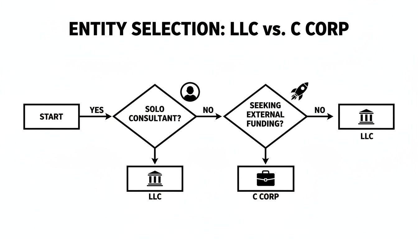 Flowchart guiding entity selection between LLC and C Corp based on solo consultancy and external funding needs.