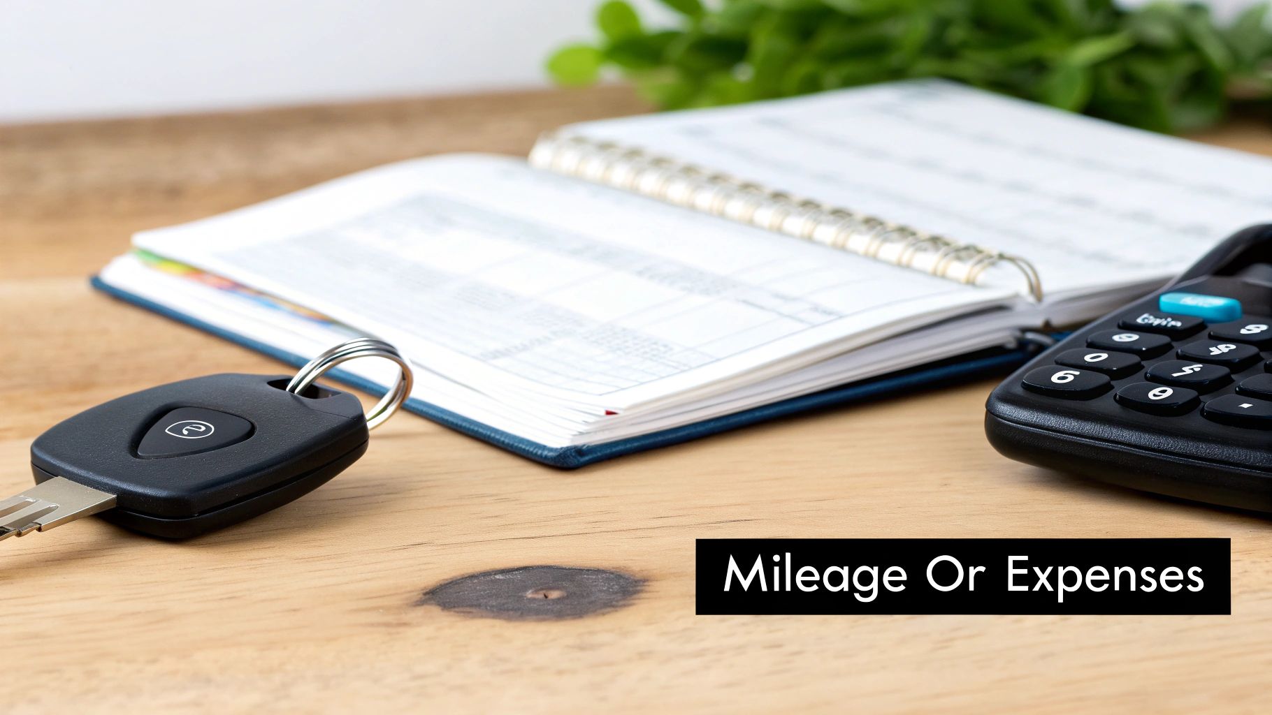 Car key, an open ledger, and calculator on a wooden desk, symbolizing mileage or expense tracking.