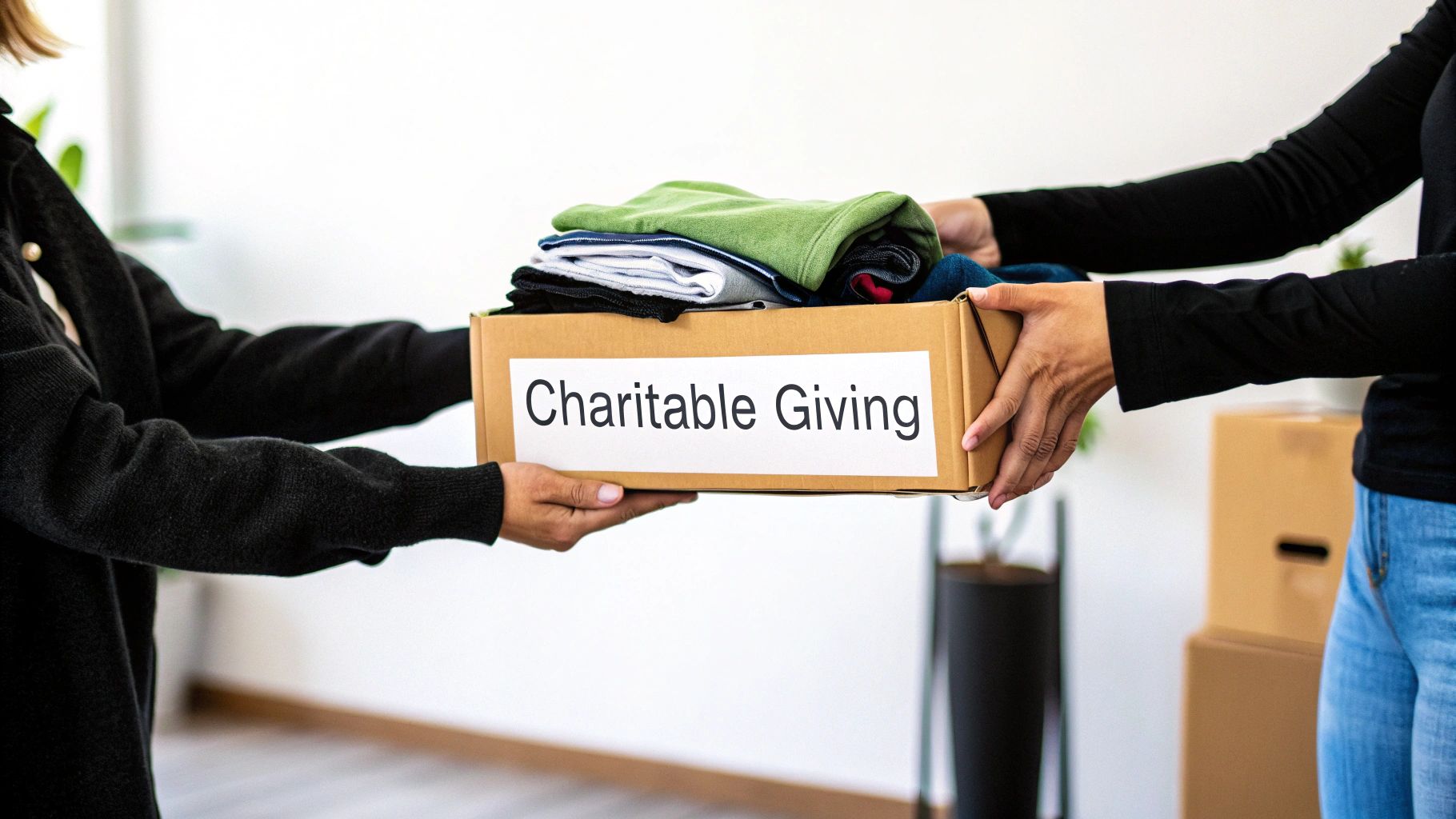 Two people exchanging a cardboard box filled with clothes labeled 'Charitable Giving'.