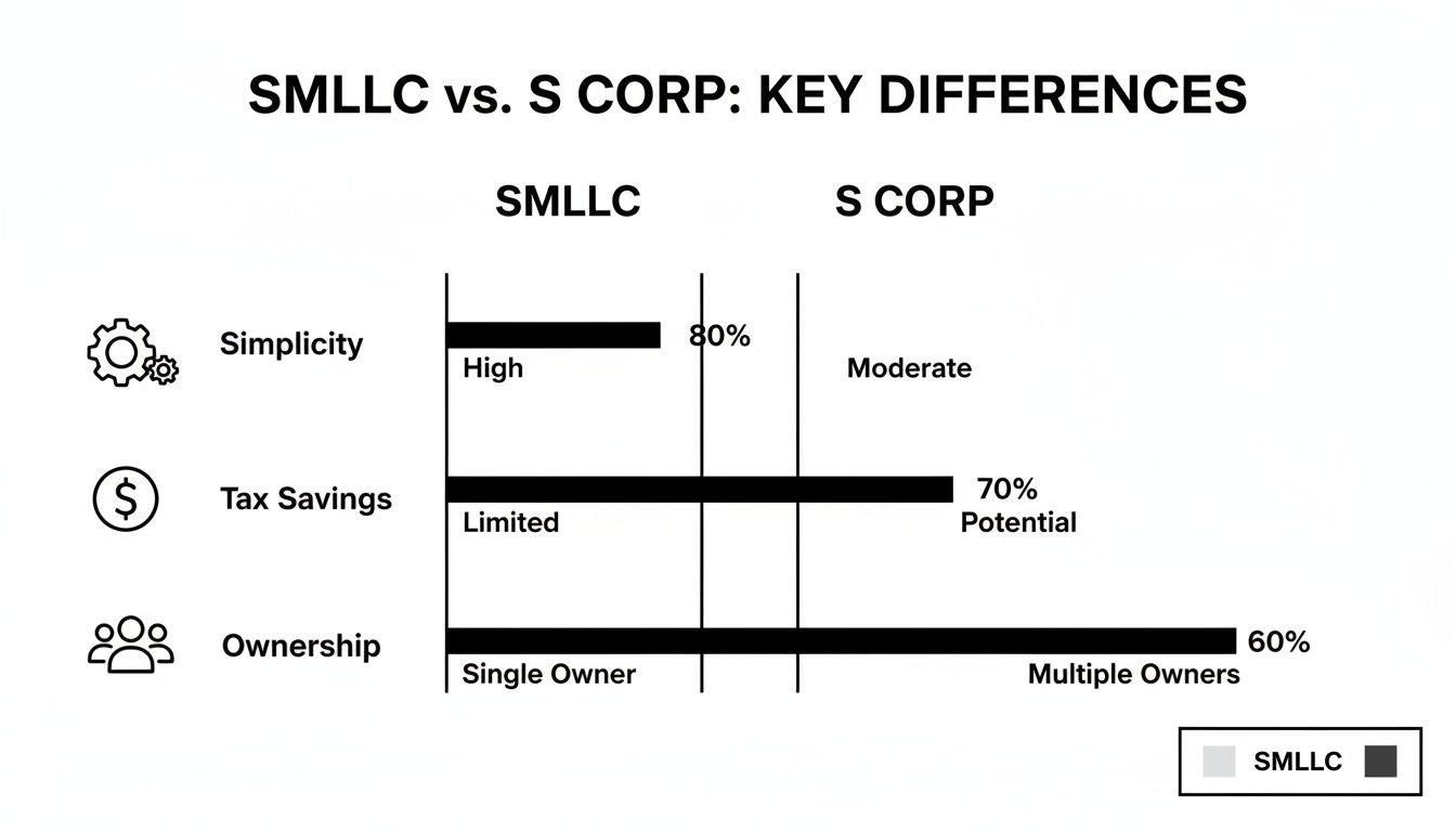 Chart comparing SMLLC vs. S Corp key differences in simplicity, tax savings, and ownership.