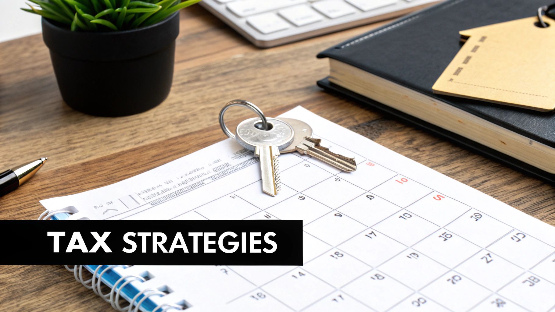A desk with a calendar, house keys, a notebook, and 'TAX STRATEGIES' text overlay.