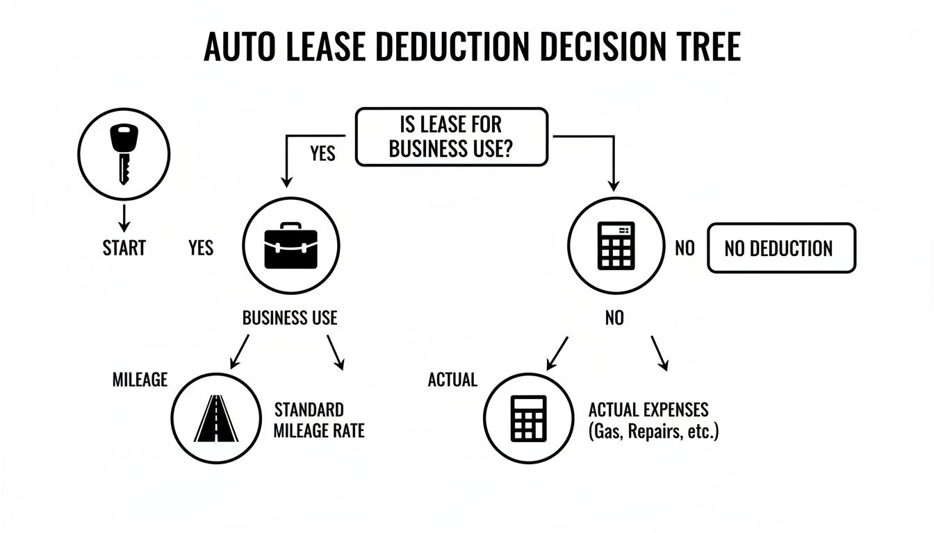 An auto lease deduction decision tree illustrating business use, mileage, and actual expenses.