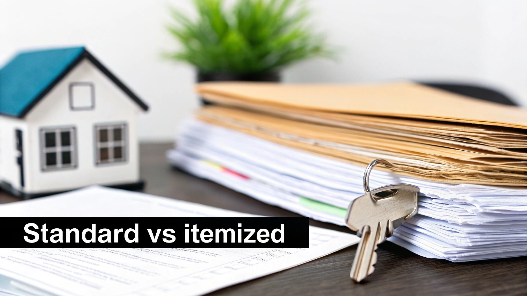 A model house, documents, and a house key on a desk with text 'Standard vs itemized', symbolizing tax choices.