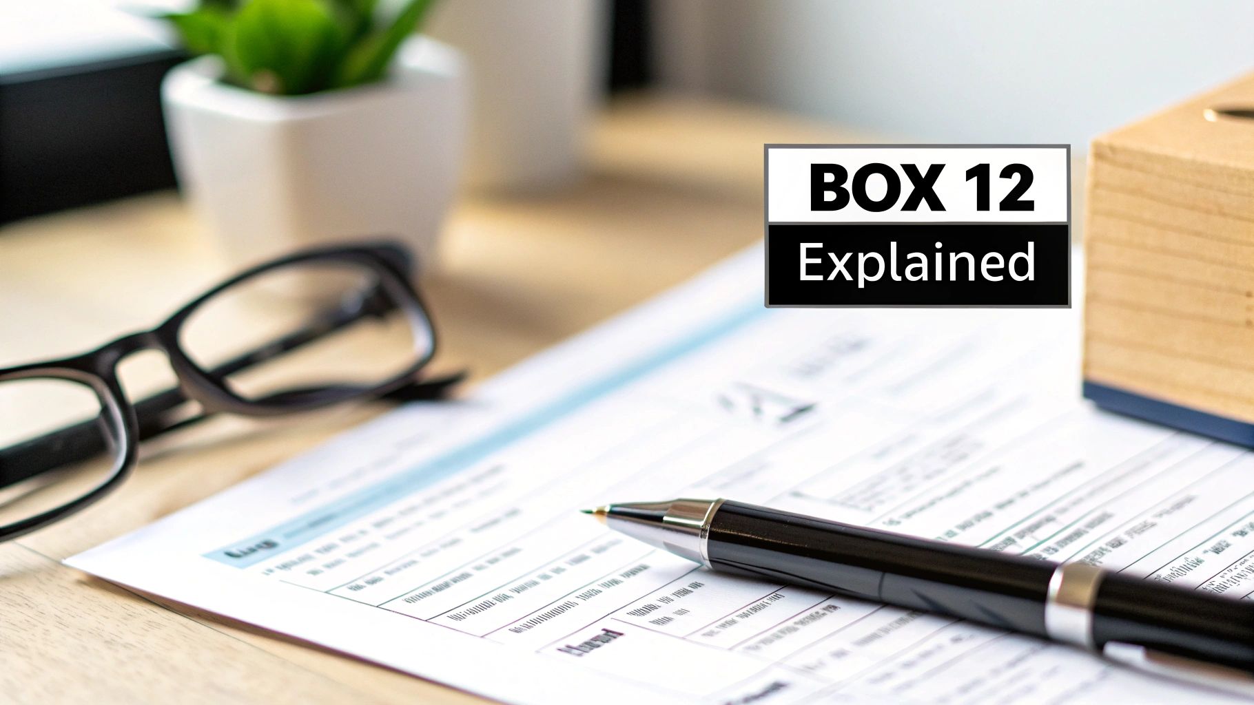 Close-up of a document, pen, and glasses on a wooden desk, with 'BOX 12 Explained' text.
