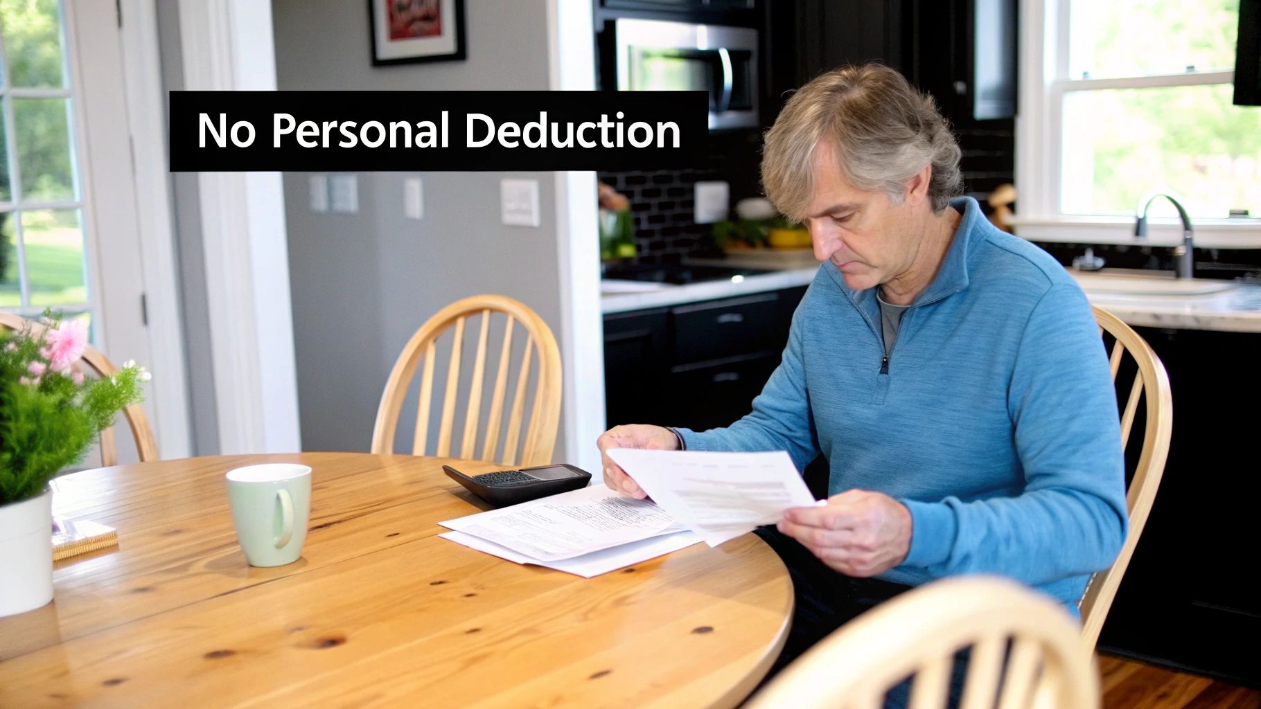Person reviewing tax documents with a calculator and laptop