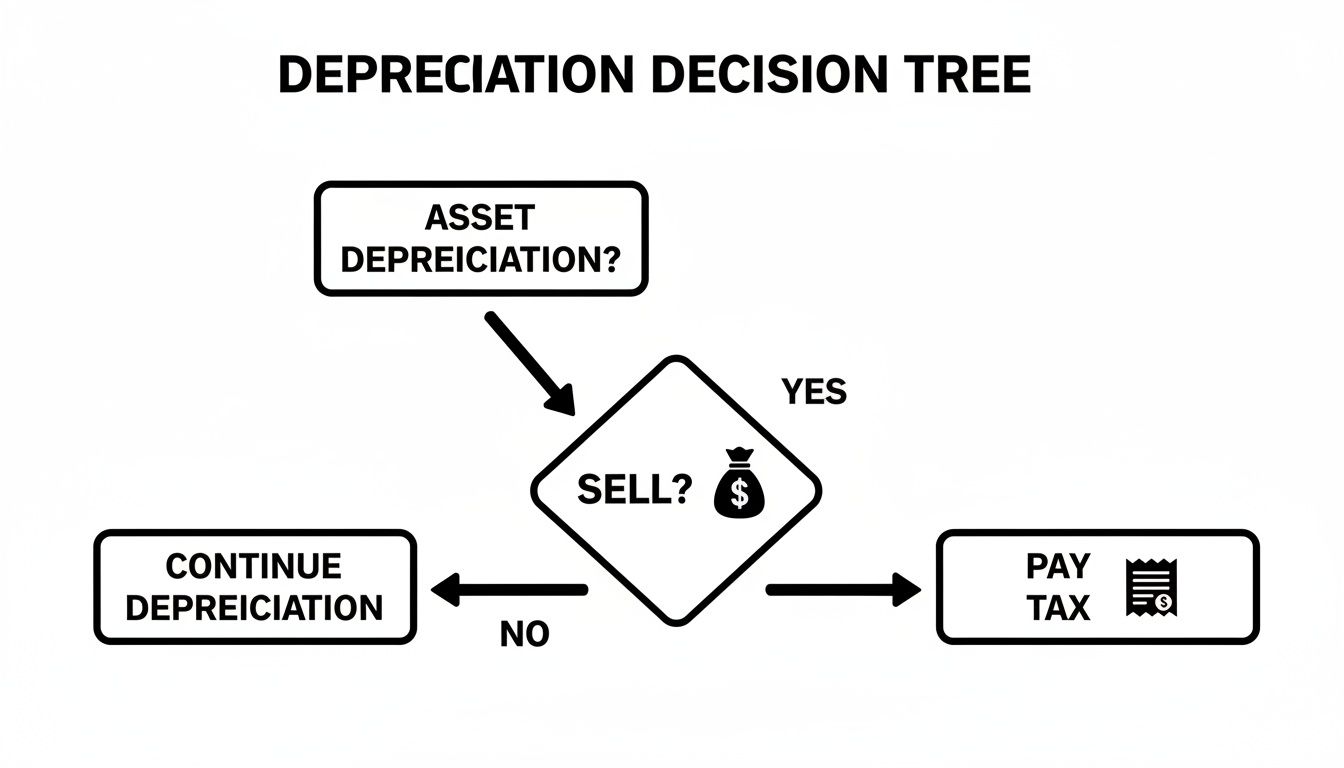 A depreciation decision tree diagram illustrating the process for assets: sell, pay tax, or continue depreciation.