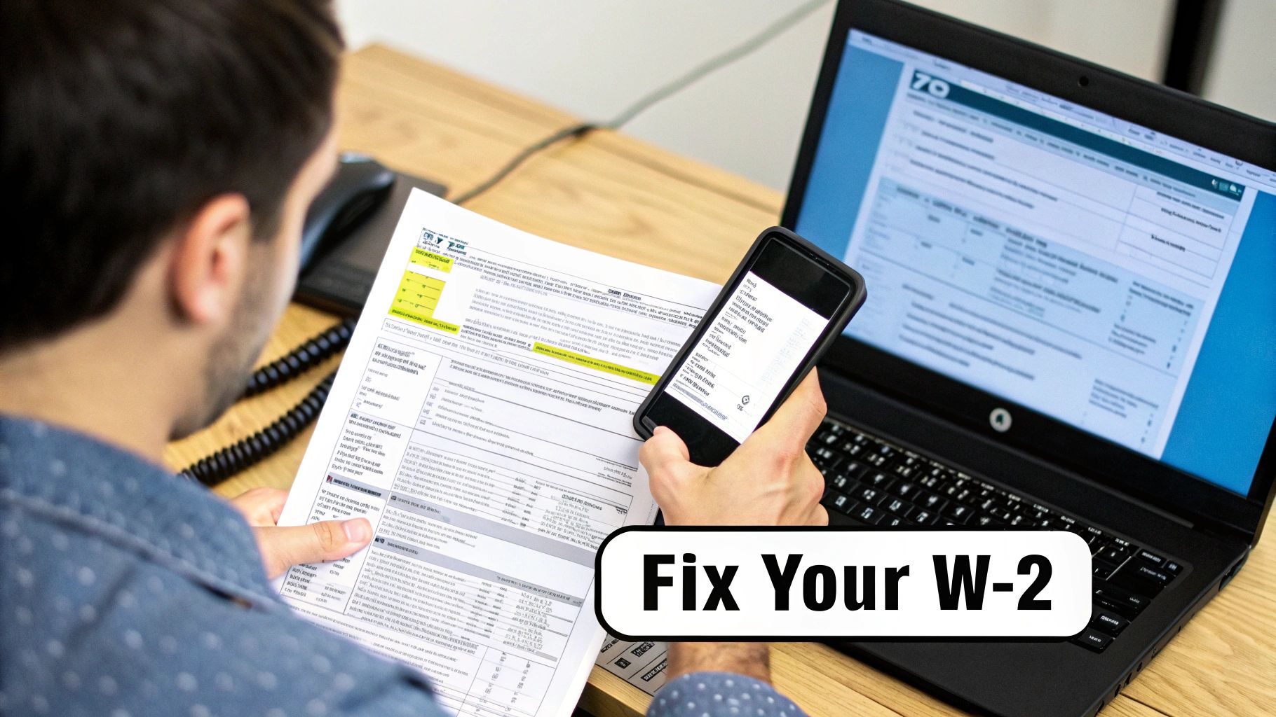Man comparing W-2 tax document with a smartphone and laptop for tax preparation.