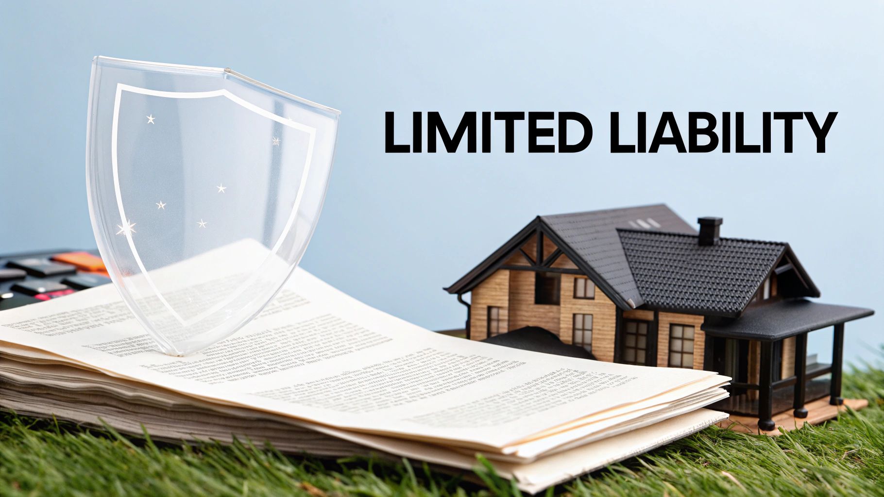 A protective shield icon hovering over personal assets like a house and car, separating them from business-related items like a factory and office building.