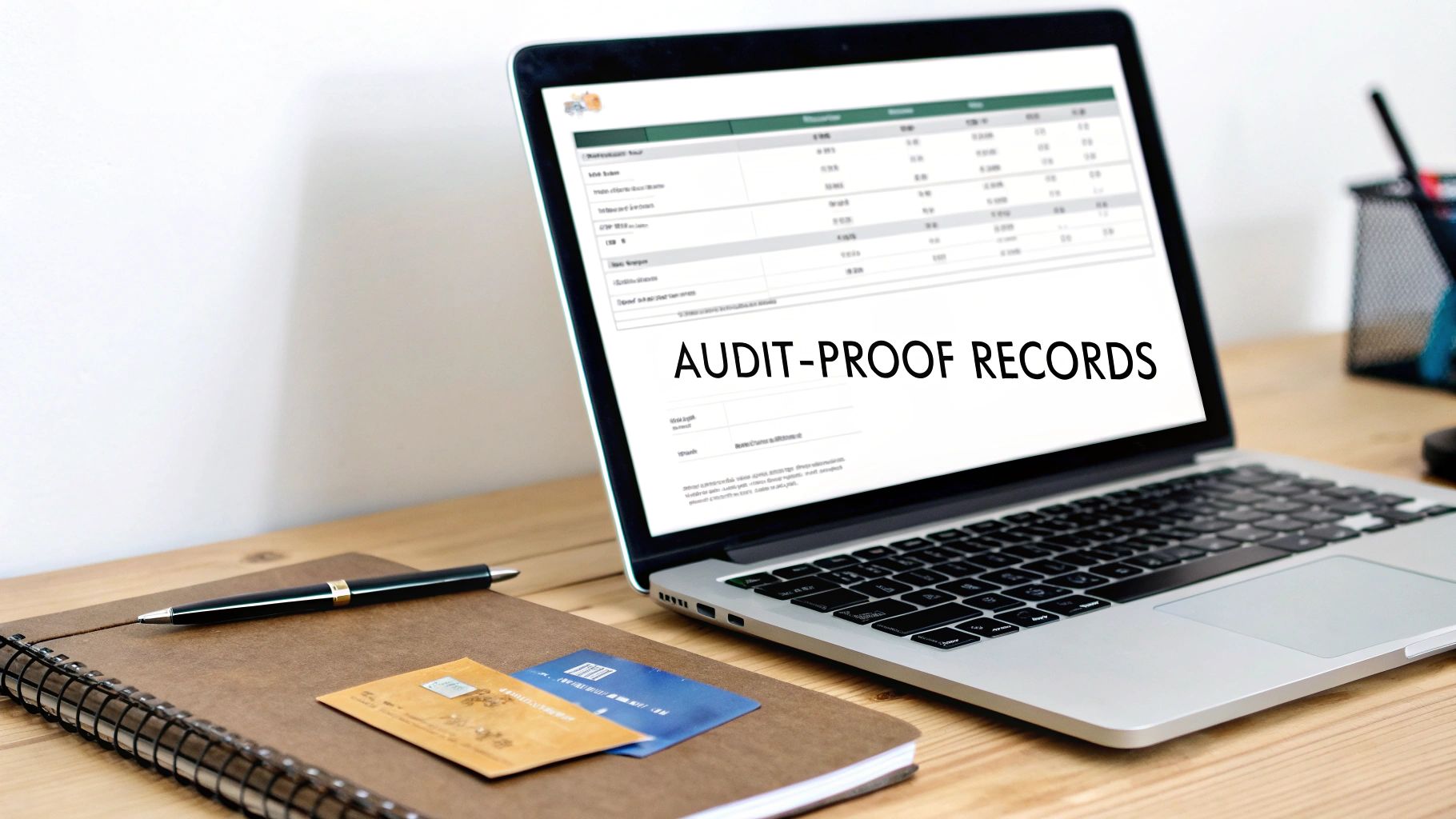 Accountant reviewing financial documents on a laptop with charts and graphs in the background