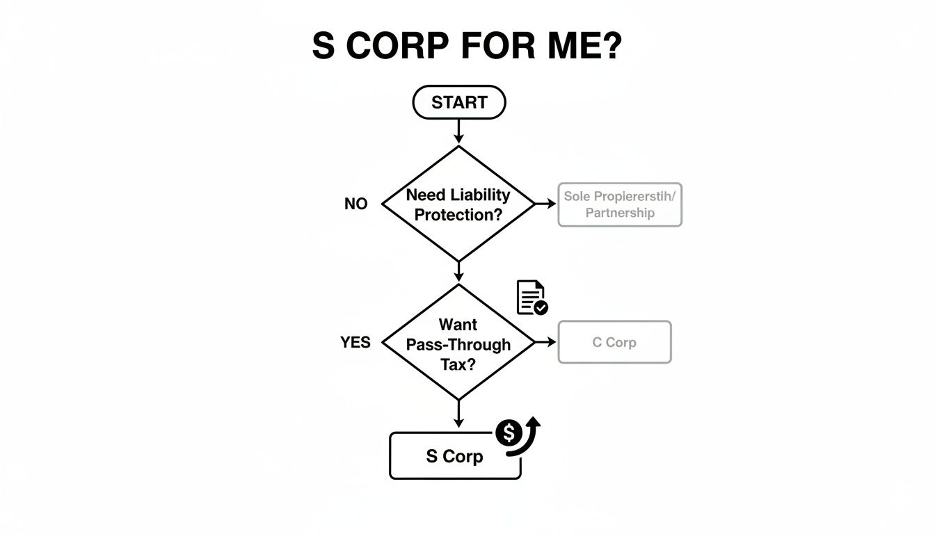 A flowchart guiding users on whether an S Corp is suitable based on liability and tax needs.
