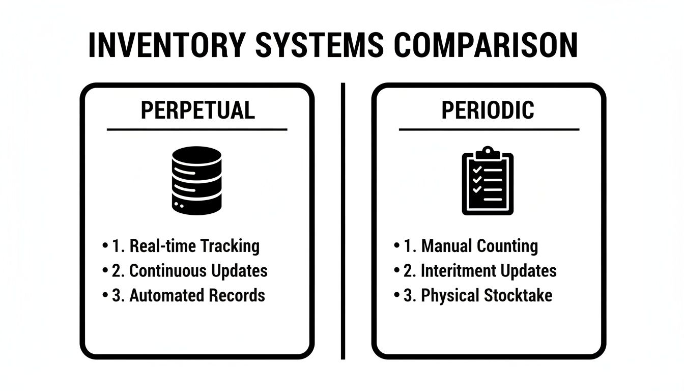 A comparison chart explaining Perpetual versus Periodic inventory systems. Perpetual features real-time tracking, continuous updates, and automated records, while Periodic uses manual counting, intermittent updates, and physical stocktake.