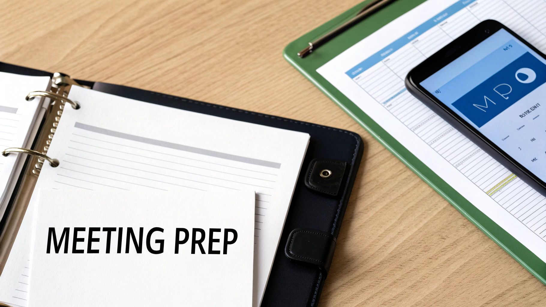 A 'MEETING PREP' notebook, a smartphone, and a clipboard on a light wooden desk.