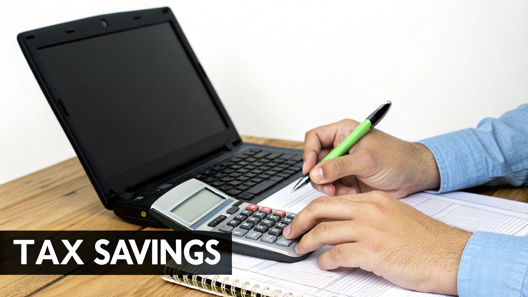 A person calculating tax savings on a calculator, writing on paper, with a laptop nearby.