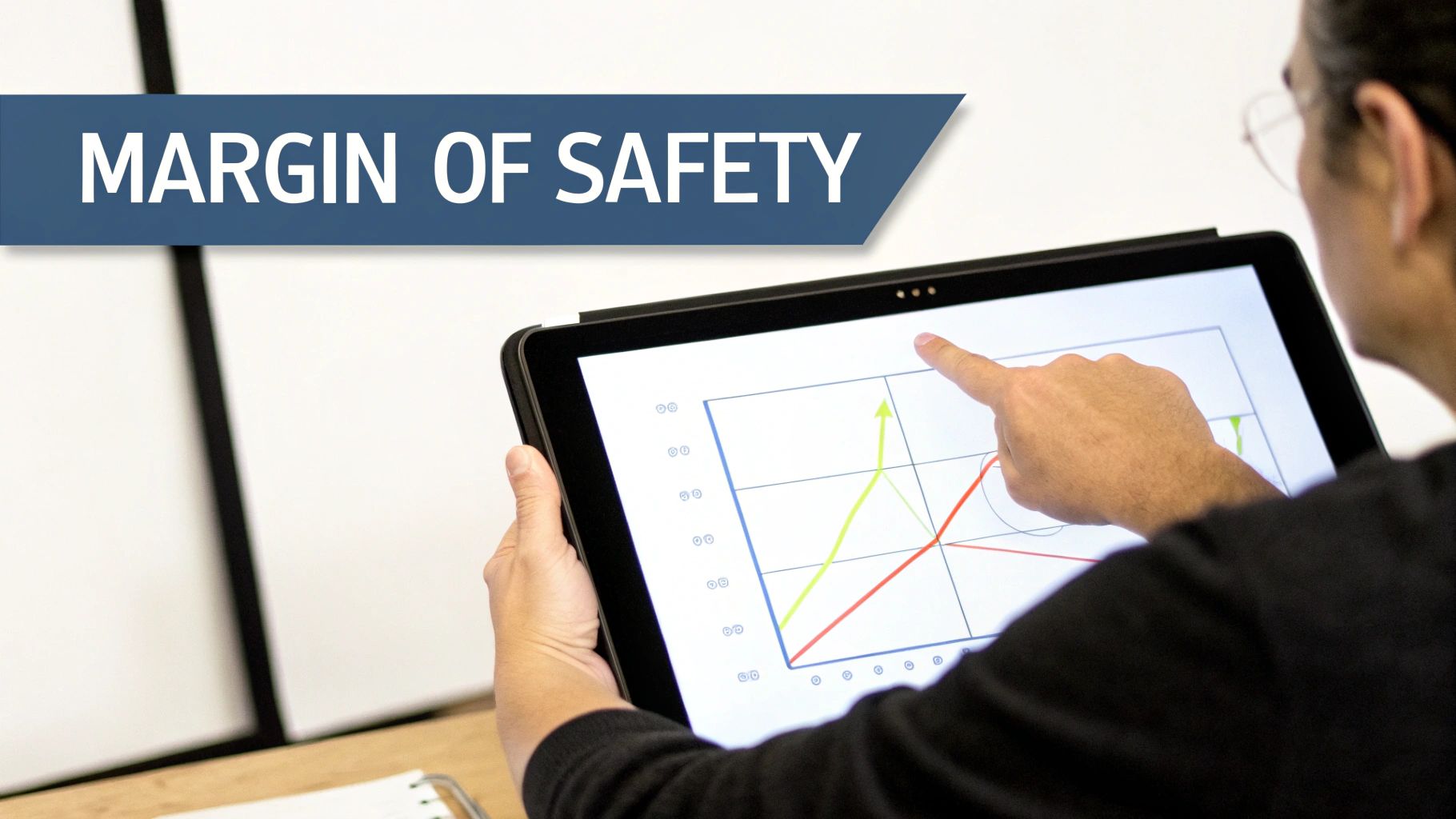 A person points at a tablet displaying a graph, with a banner reading 'MARGIN OF SAFETY'.