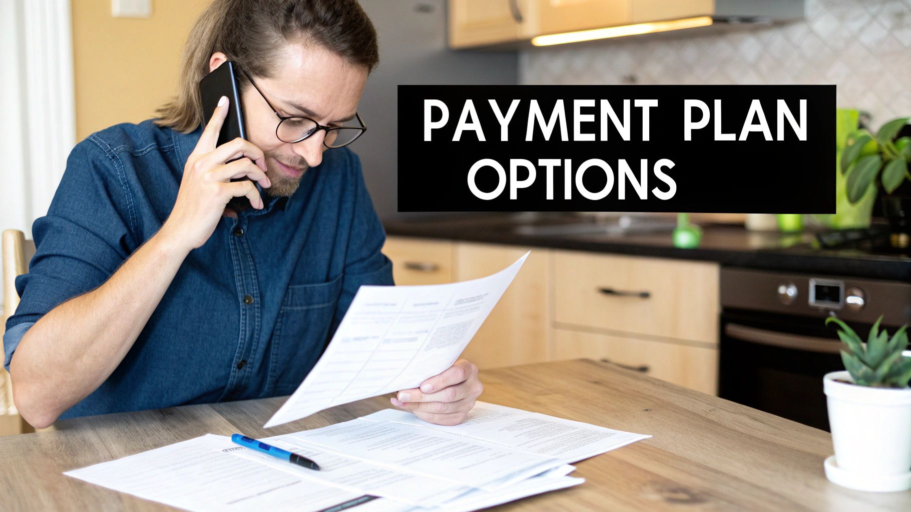 Man on phone reviewing documents about payment plan options at a wooden table.