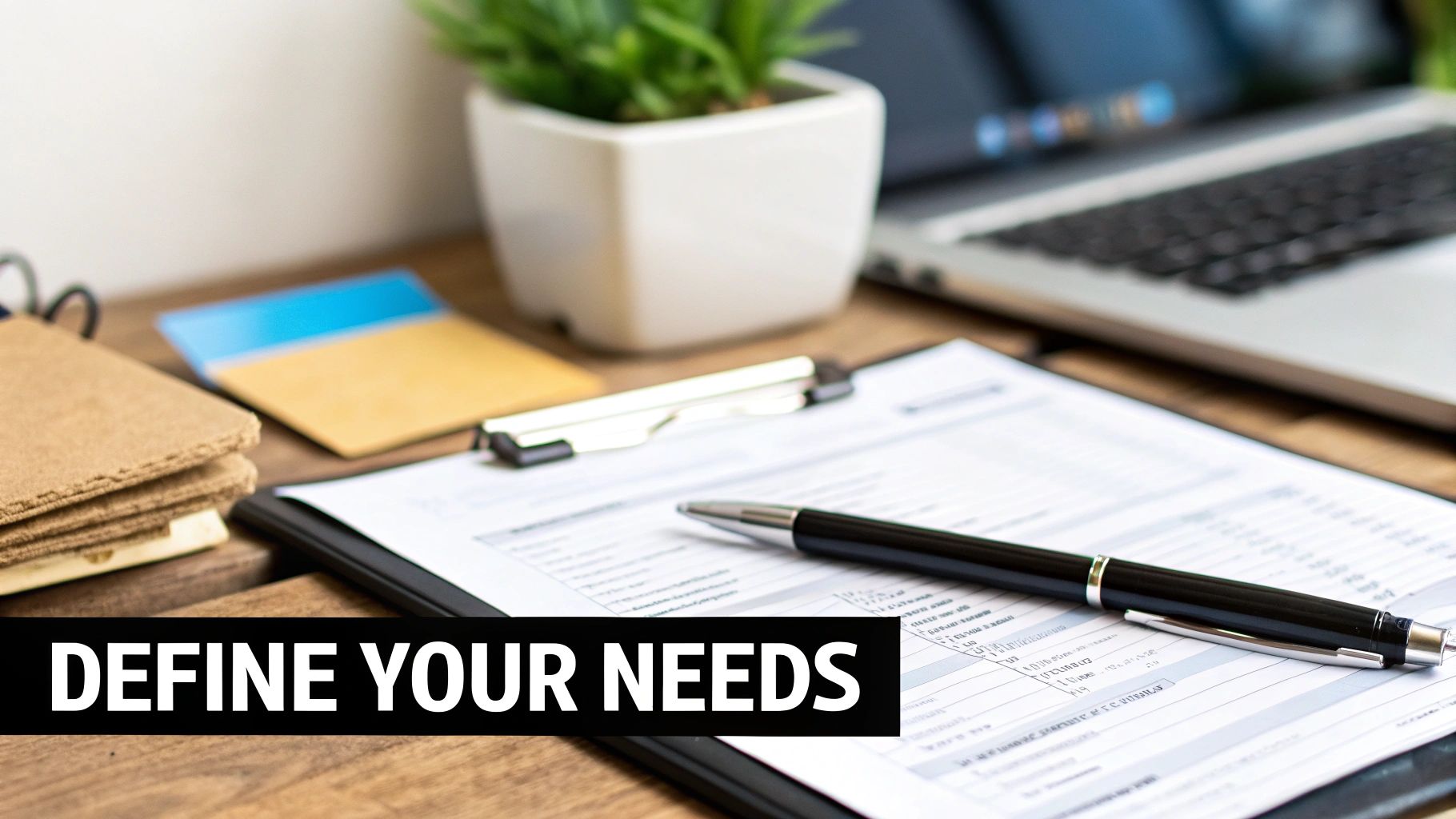A desk setup with a clipboard, pen, notebooks, and a laptop, displaying 'DEFINE YOUR NEEDS'.
