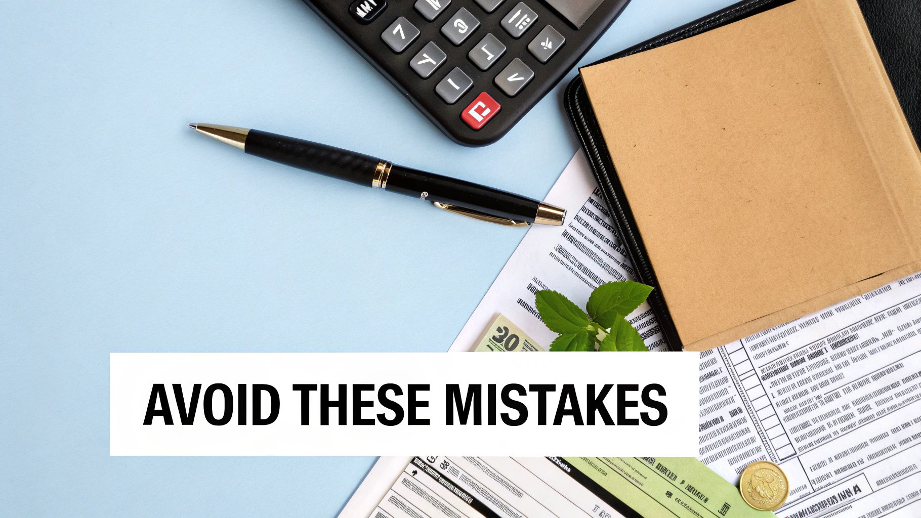 Overhead view of a calculator, pen, financial documents, and cash on a blue desk with 'AVOID THESE MISTAKES' written.