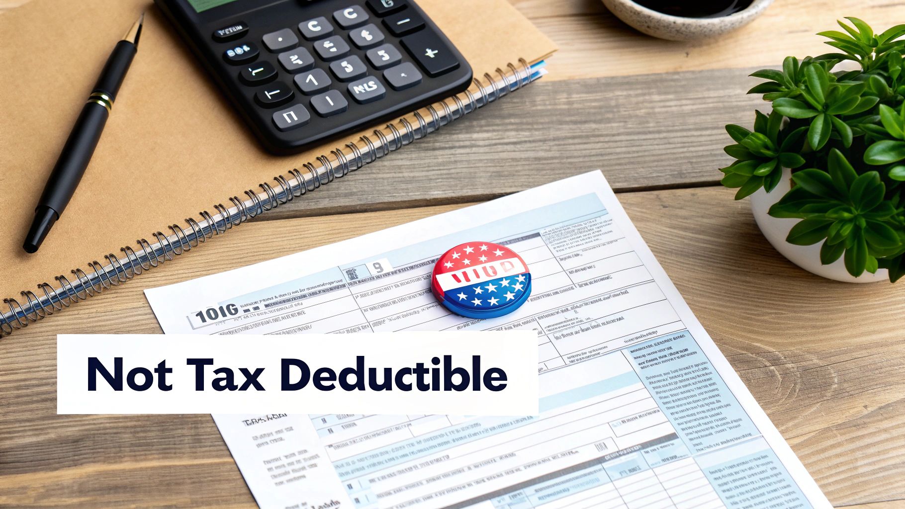 A tax form with a calculator, pen, and 'VOTE' button, showing a 'Not Tax Deductible' banner.
