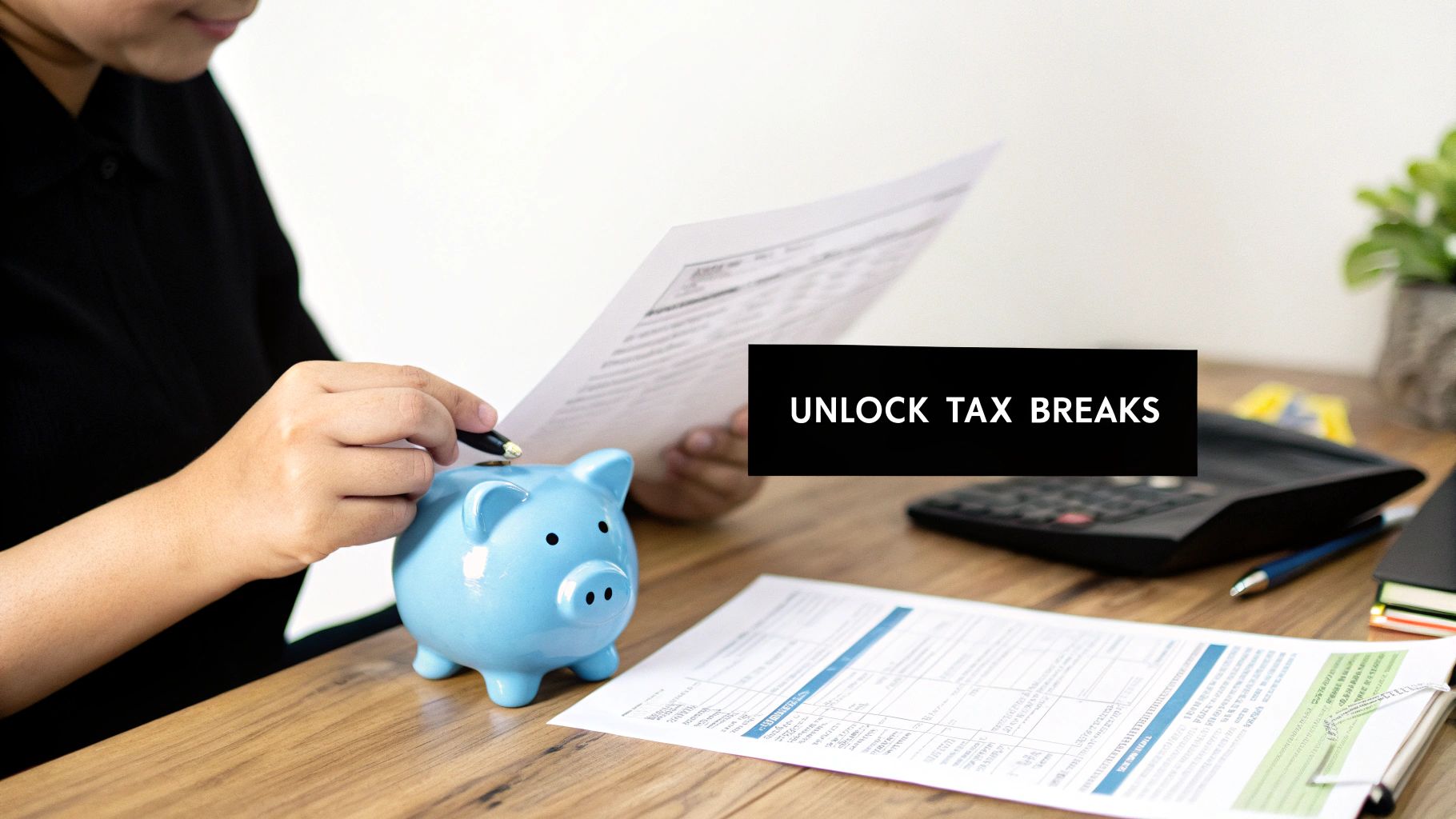 A person putting a pen into a blue piggy bank, surrounded by financial documents, with 'UNLOCK TAX BREAKS' text.