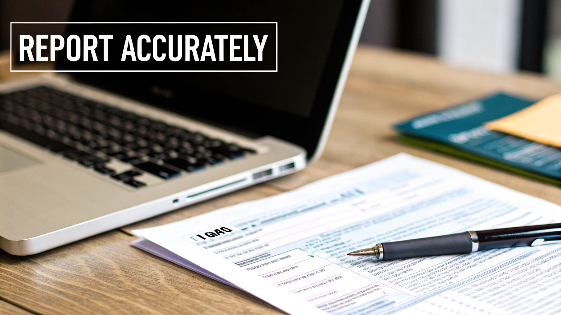 A laptop, pen, and financial documents on a wooden desk, emphasizing accurate reporting.