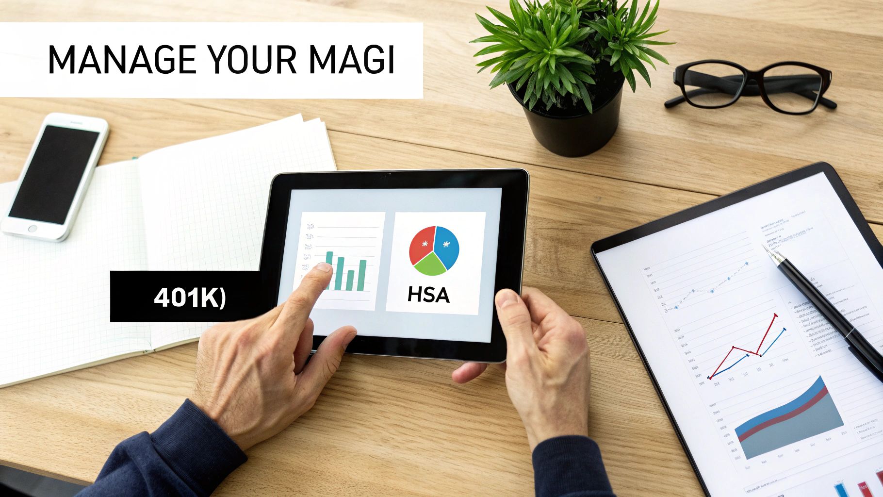 Hands interact with a tablet showing financial charts and investment options like 401K and HSA, on a wooden desk.