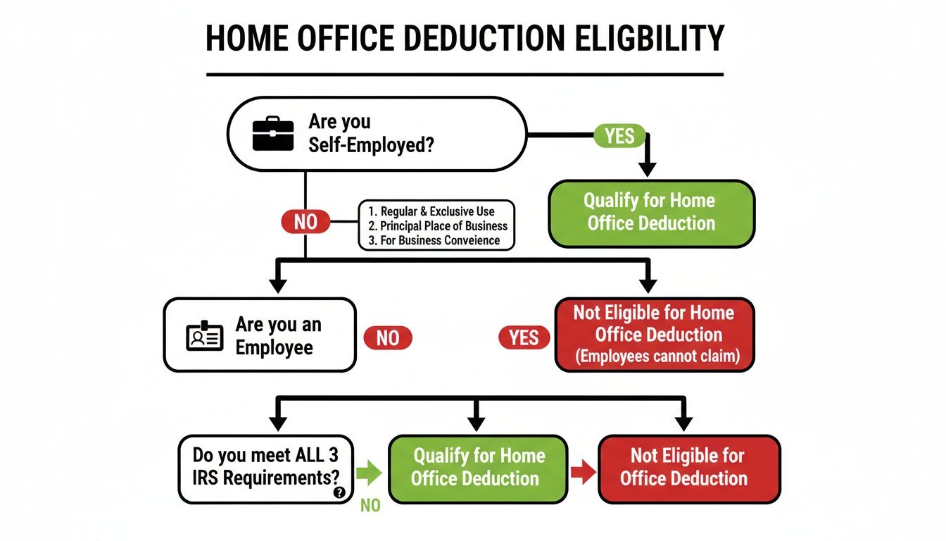 Flowchart detailing the eligibility requirements for claiming a home office tax deduction based on employment status and IRS criteria.