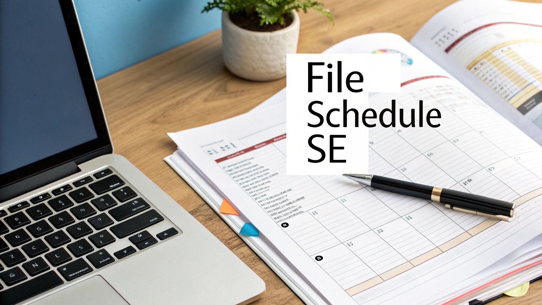 A person at a desk reviewing tax forms like Schedule SE