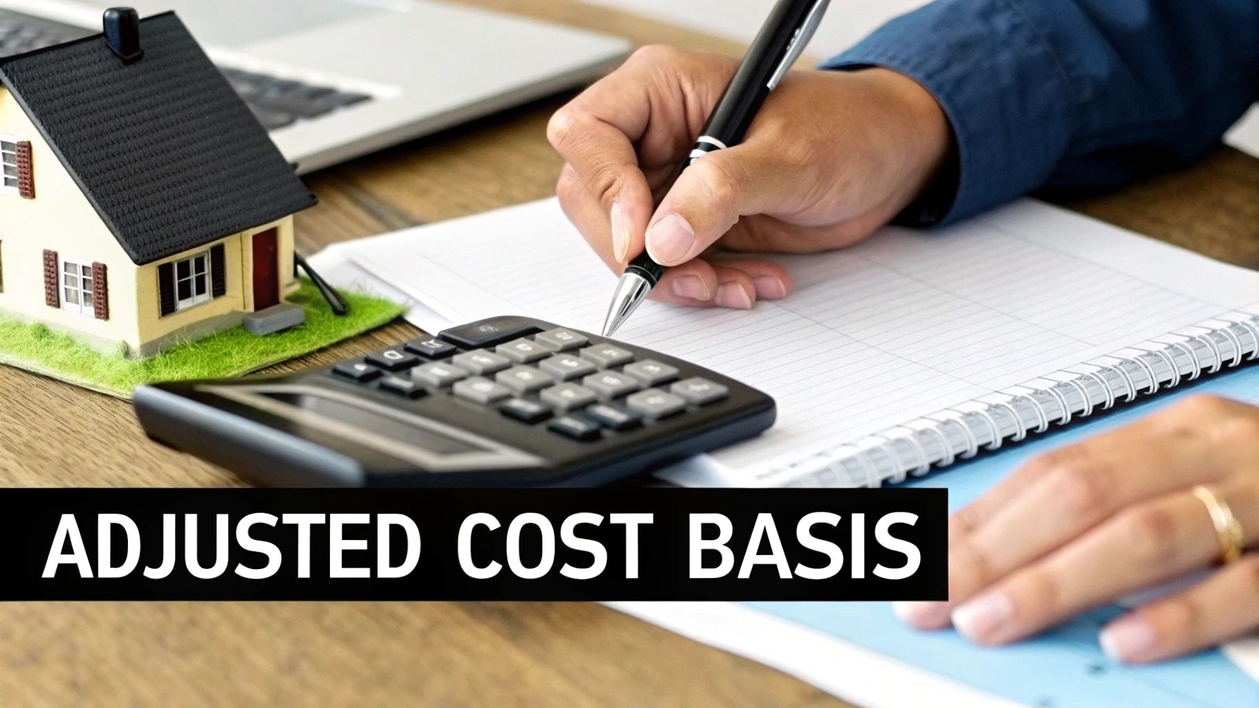 Calculator and pen on top of financial documents related to a property sale