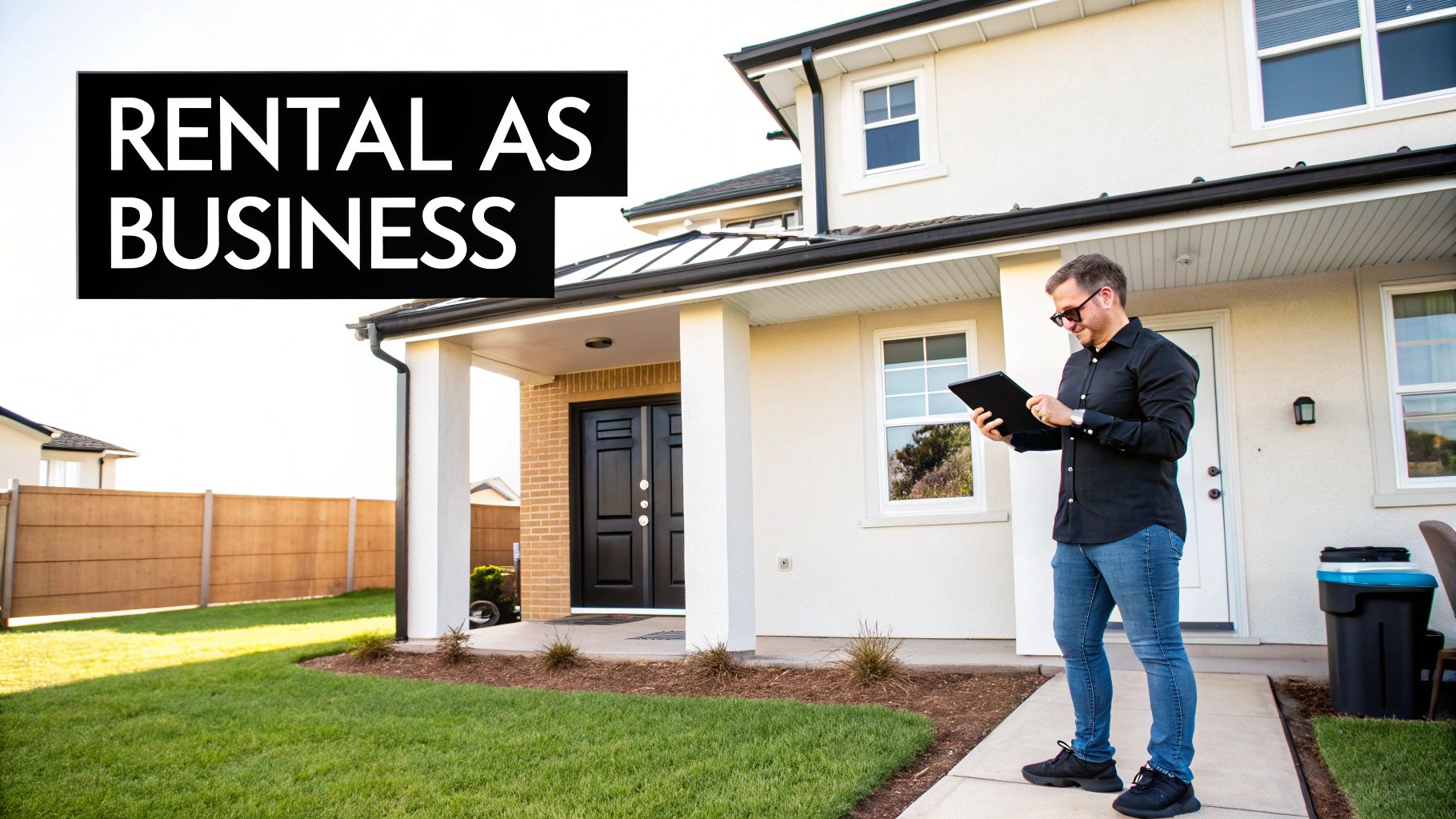 Man using a tablet to manage a modern rental property with 'RENTAL AS BUSINESS' text.