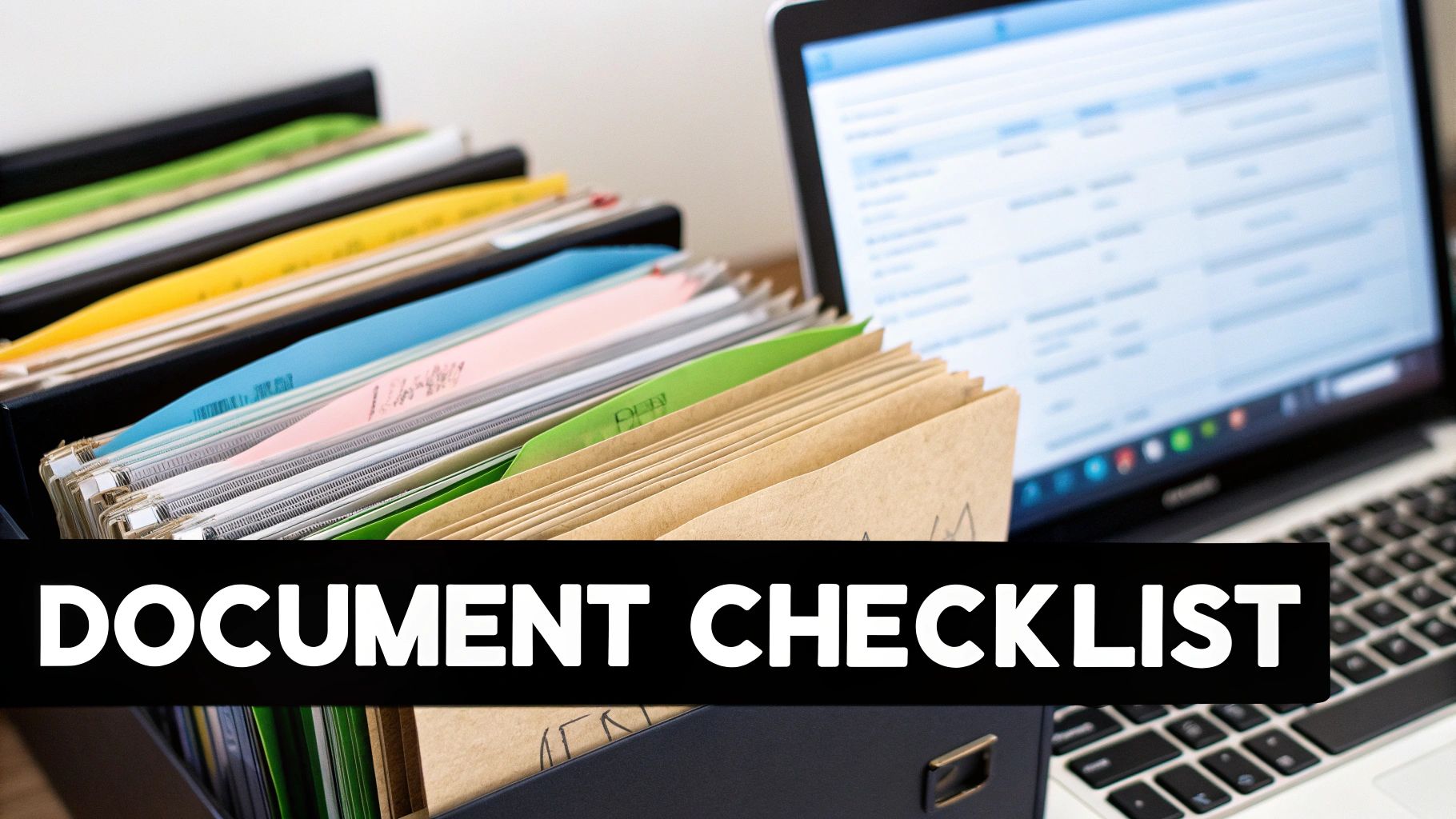 Organized colorful file folders with document checklist text beside laptop computer on desk