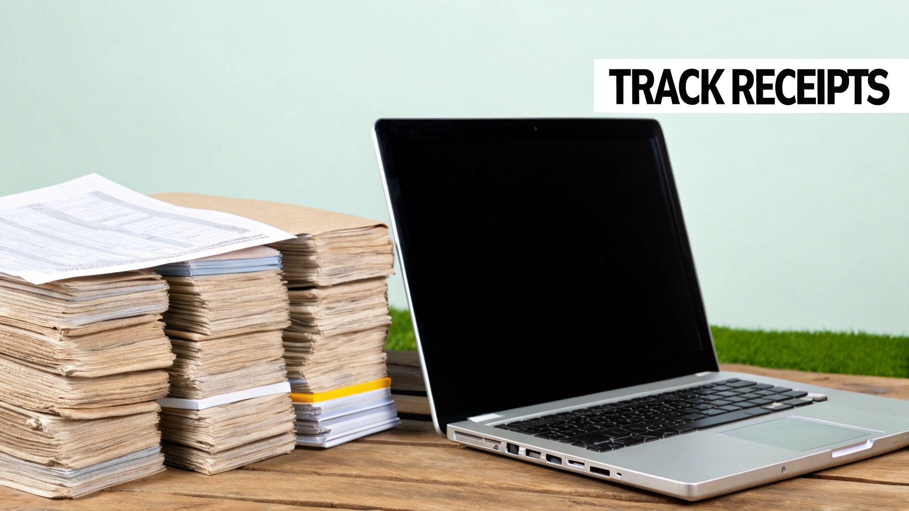 A person organizing receipts and documents on a desk with a car key nearby.