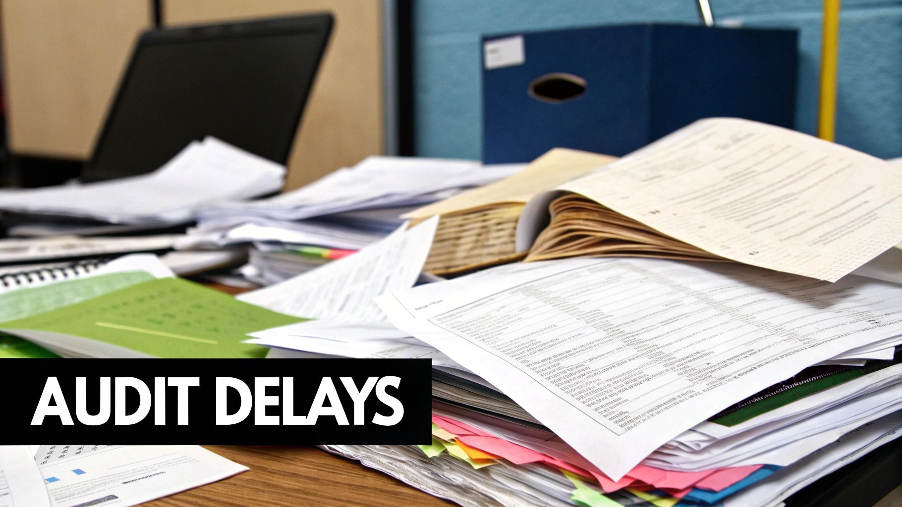 A magnifying glass hovering over a pile of financial documents and receipts, symbolizing a detailed audit investigation.
