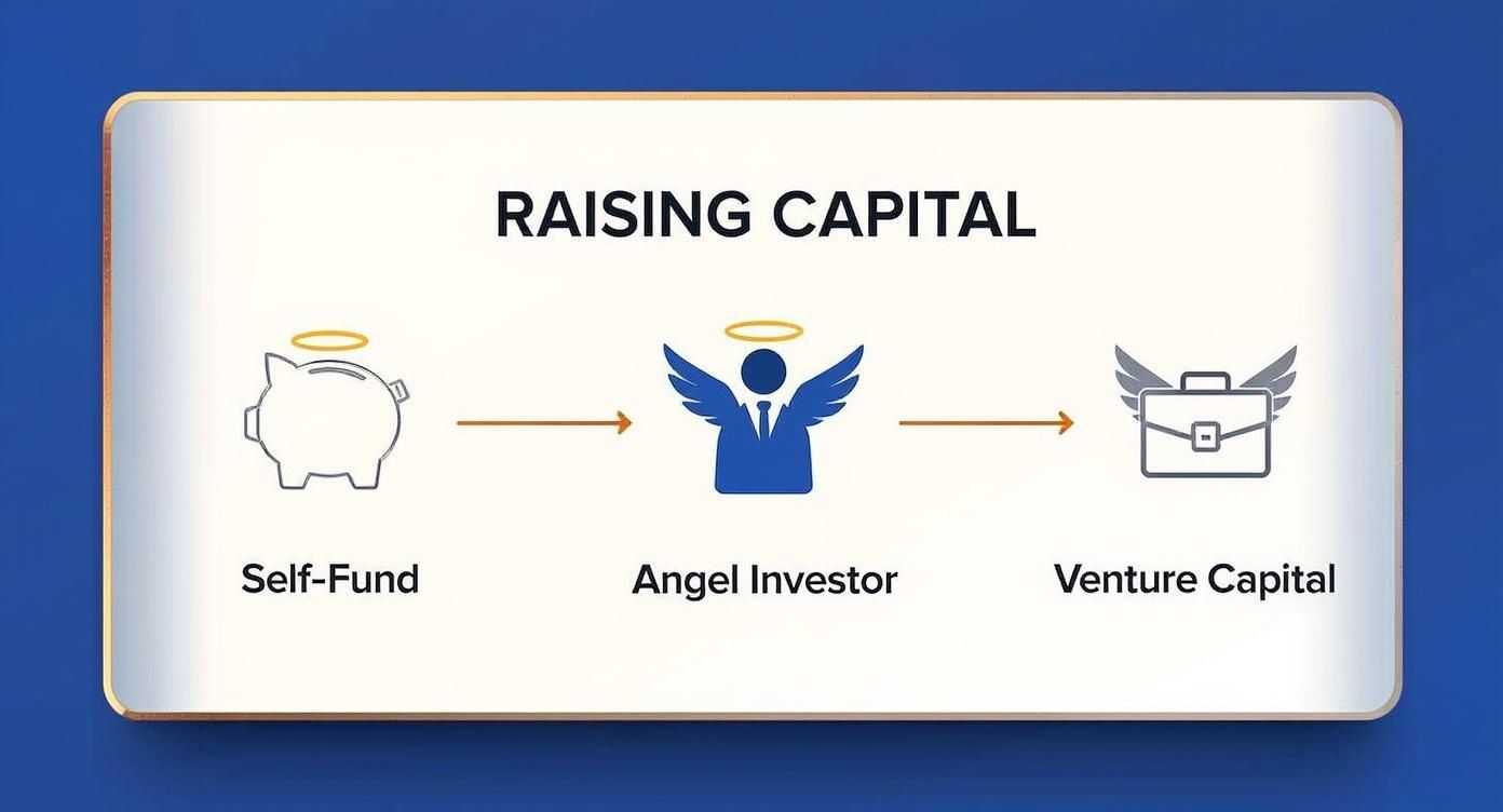 An infographic showing various ways to raise capital including self-funding, angel investors, and venture capital.